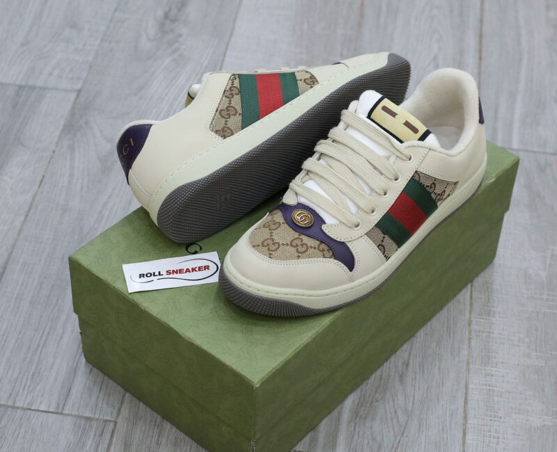 Giày Gucci Screener Leather and GG-Supreme gót Tím Like Auth