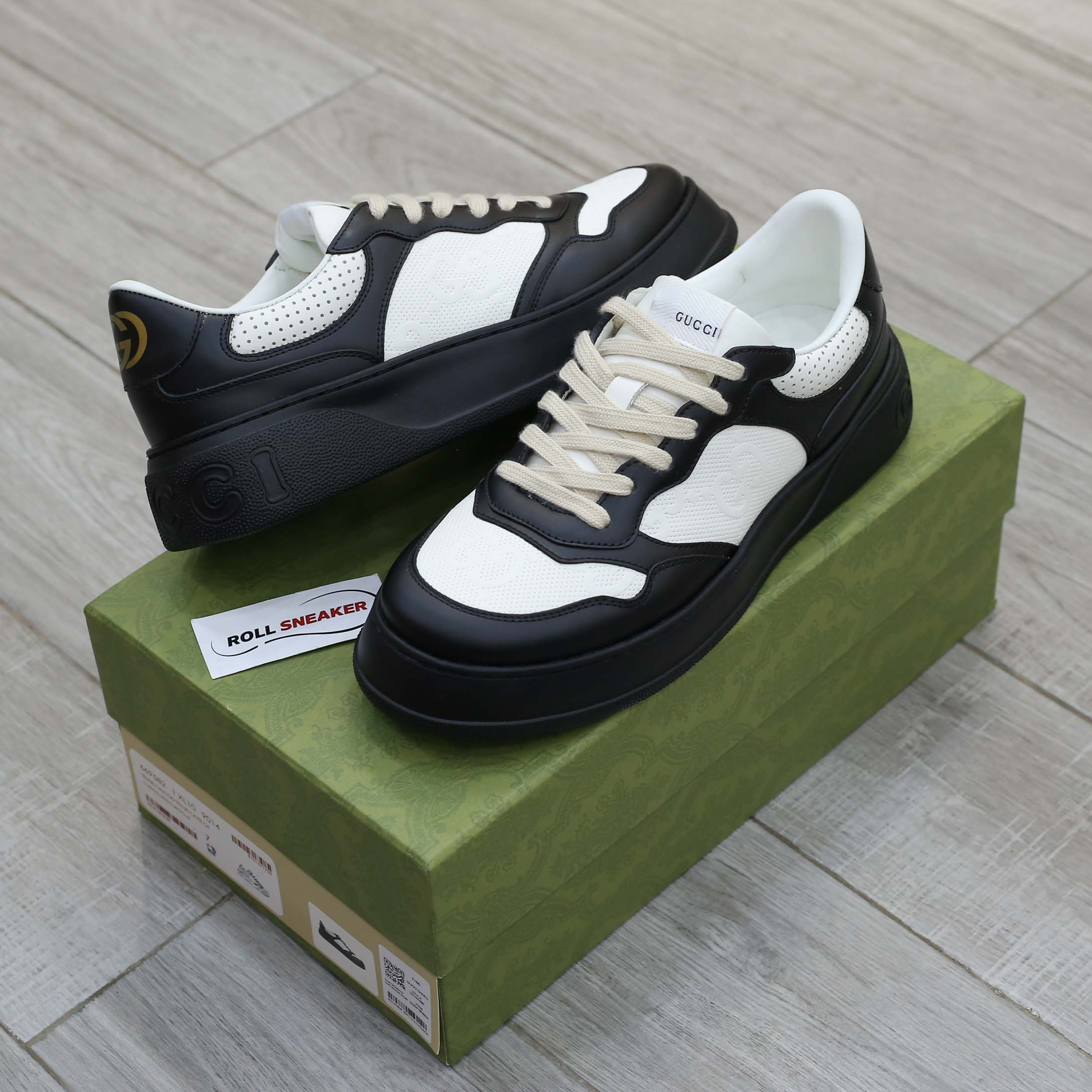 Giày Gucci GG Sneaker Black White leather họa tiết GG dập nổi Best Quality