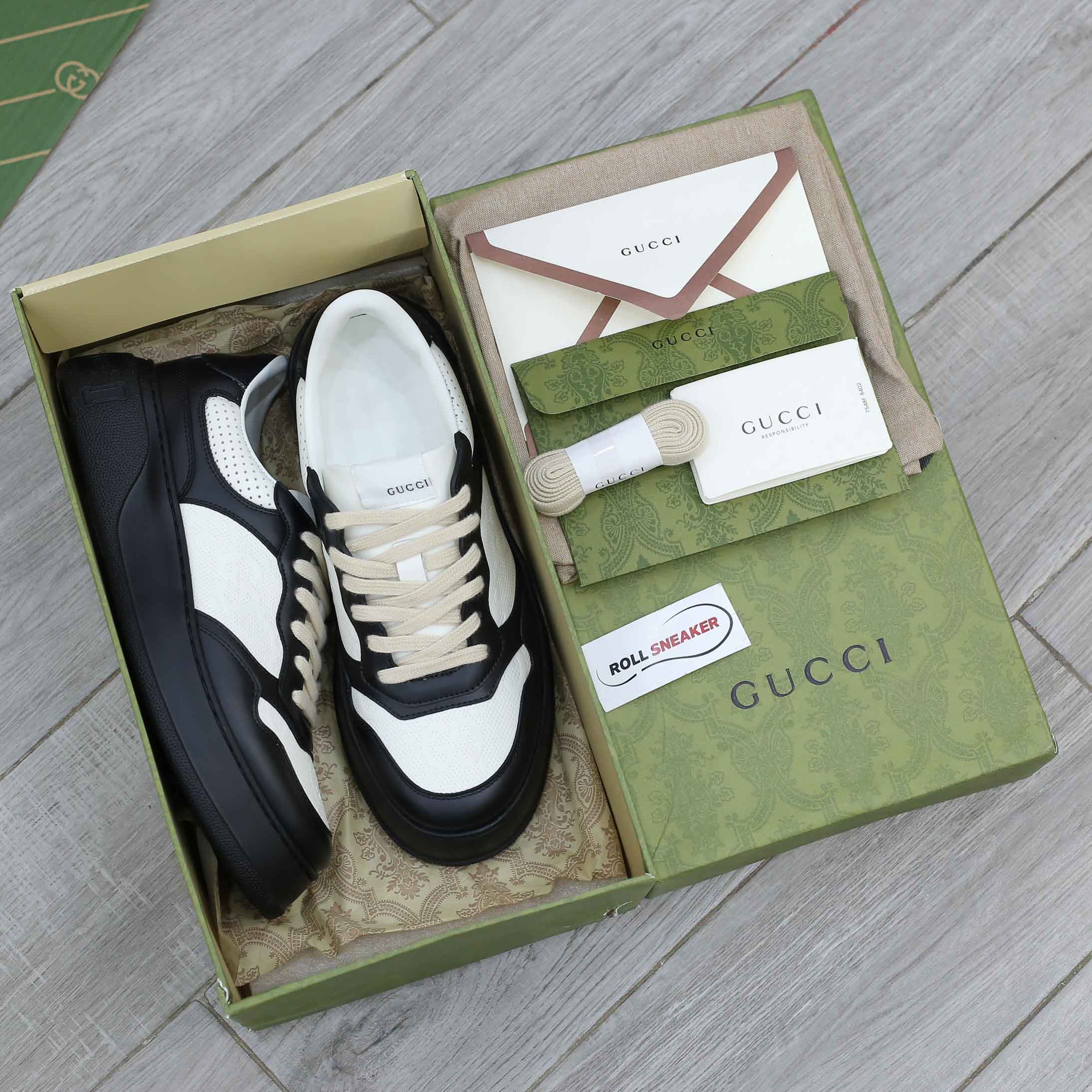 Giày Gucci GG Sneaker Black White leather họa tiết GG dập nổi Best Quality