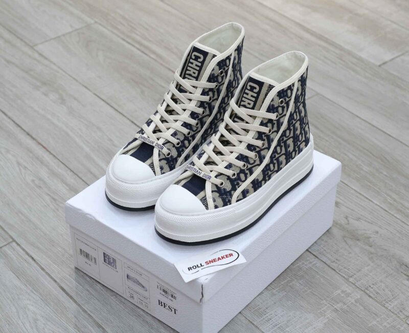 Giày WALK’N’DIOR HIGH-TOP PLATFORM SNEAKER Deep Blue Dior Oblique Embroidered Cotton Best Quality