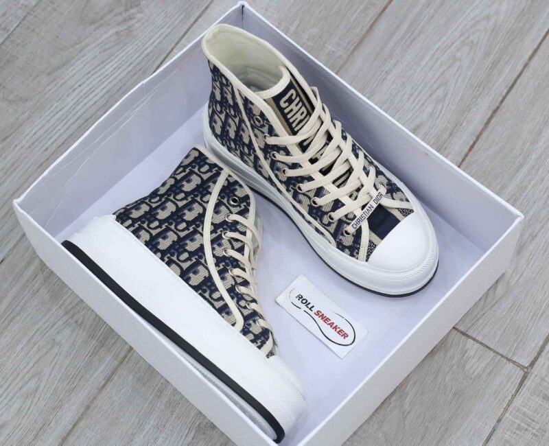 Giày WALK’N’DIOR HIGH-TOP PLATFORM SNEAKER Deep Blue Dior Oblique Embroidered Cotton Best Quality