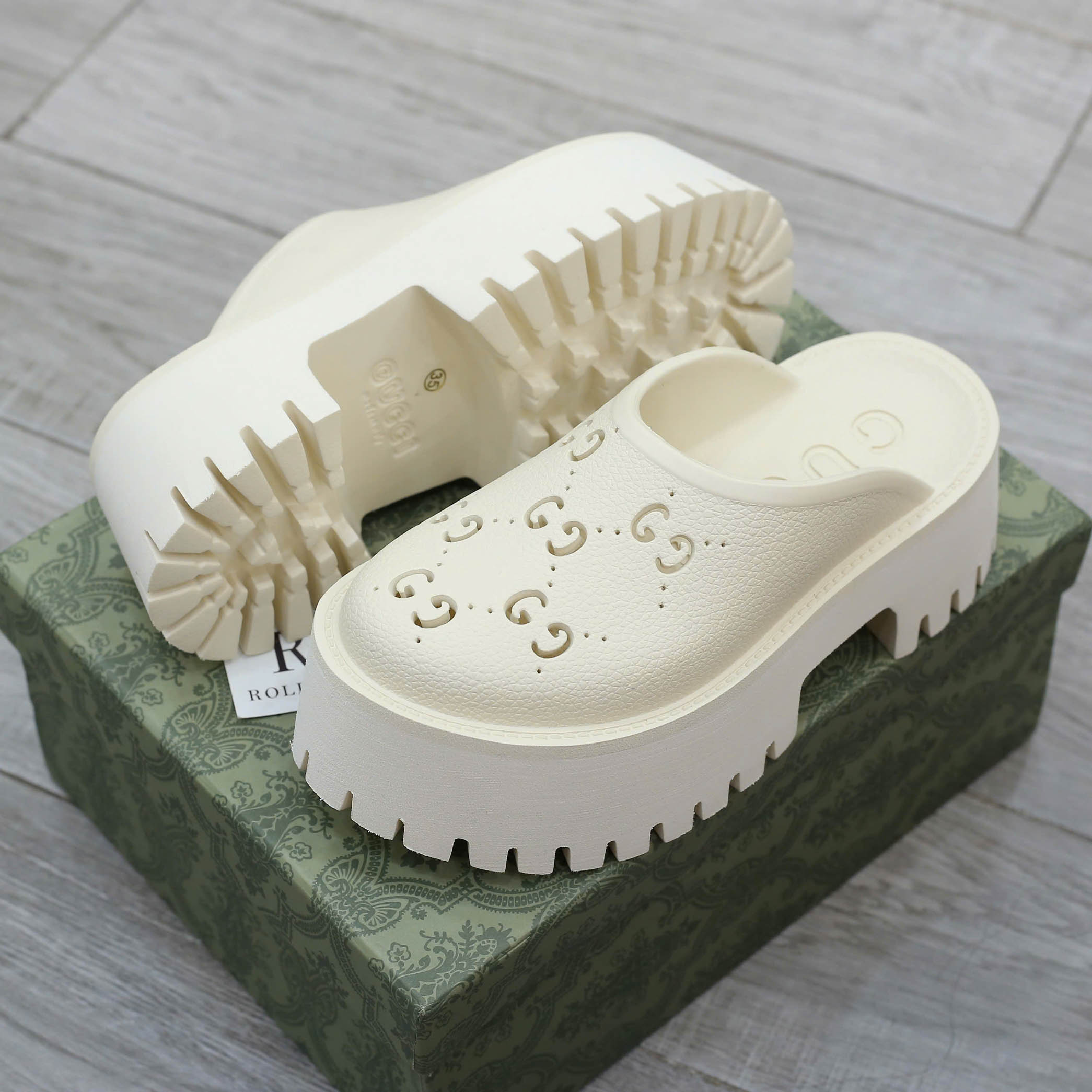 Dép Gucci Platform Perforated G Sandal Cream Best Quality