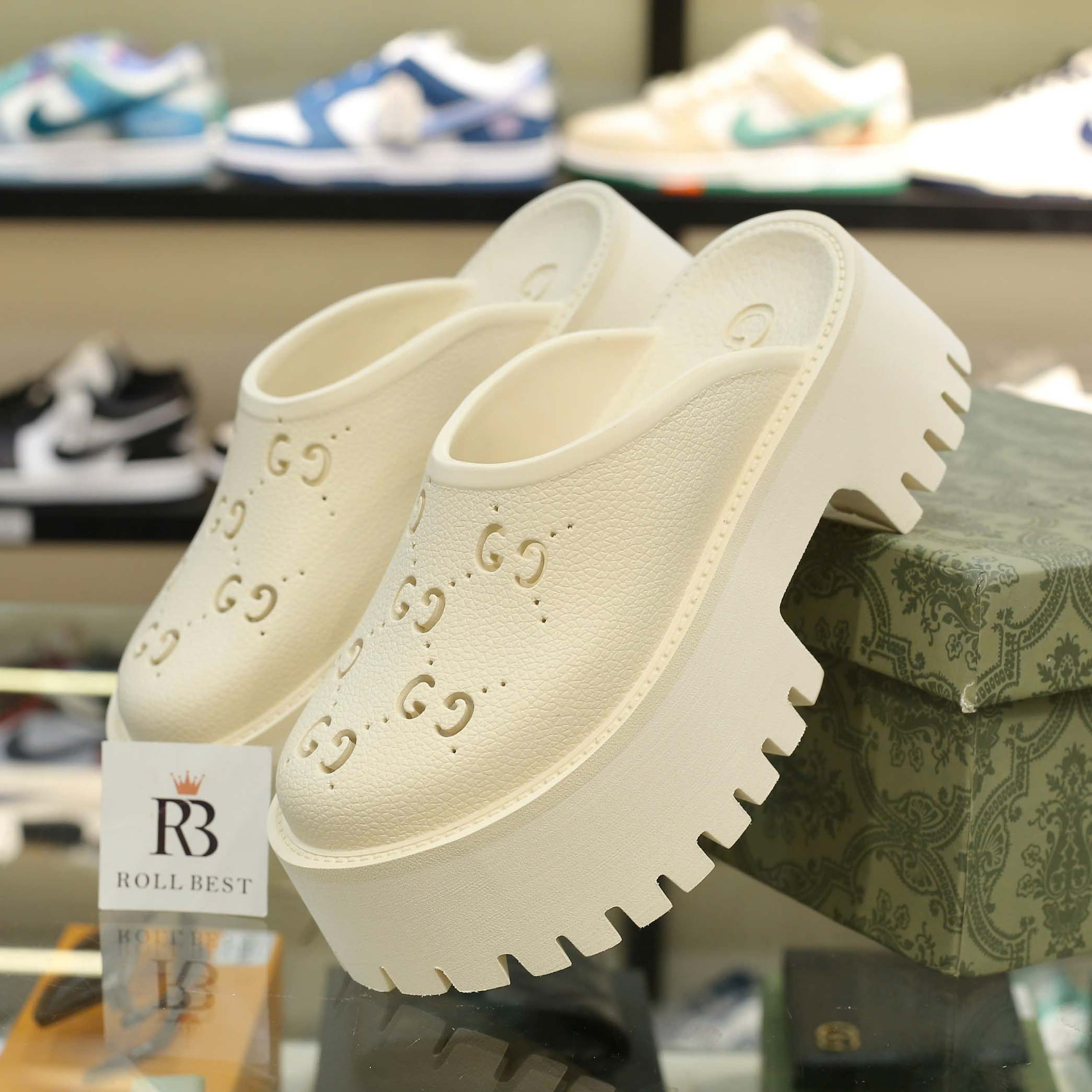 Dép Gucci Platform Perforated G Sandal Cream Best Quality