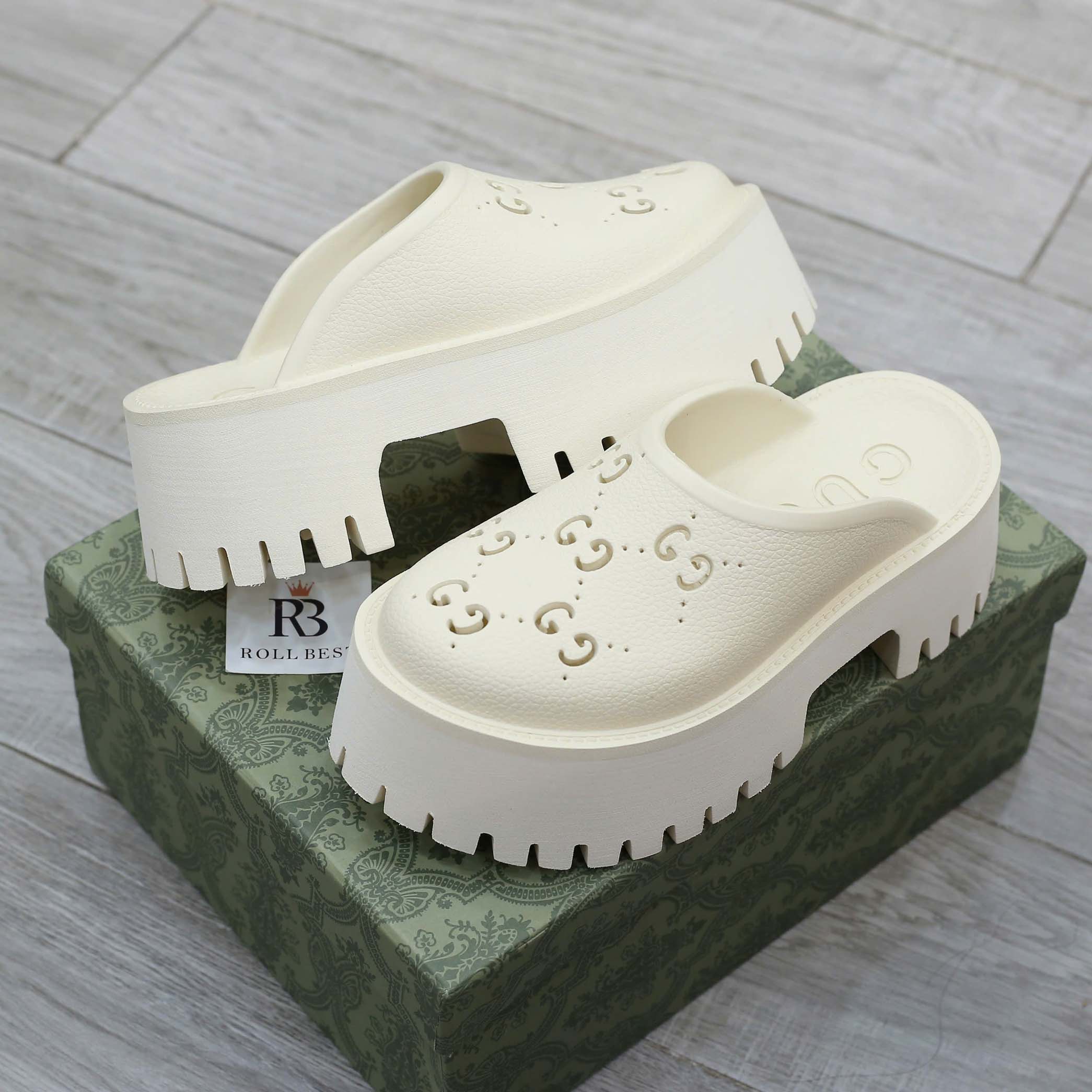 Dép Gucci Platform Perforated G Sandal Cream Best Quality