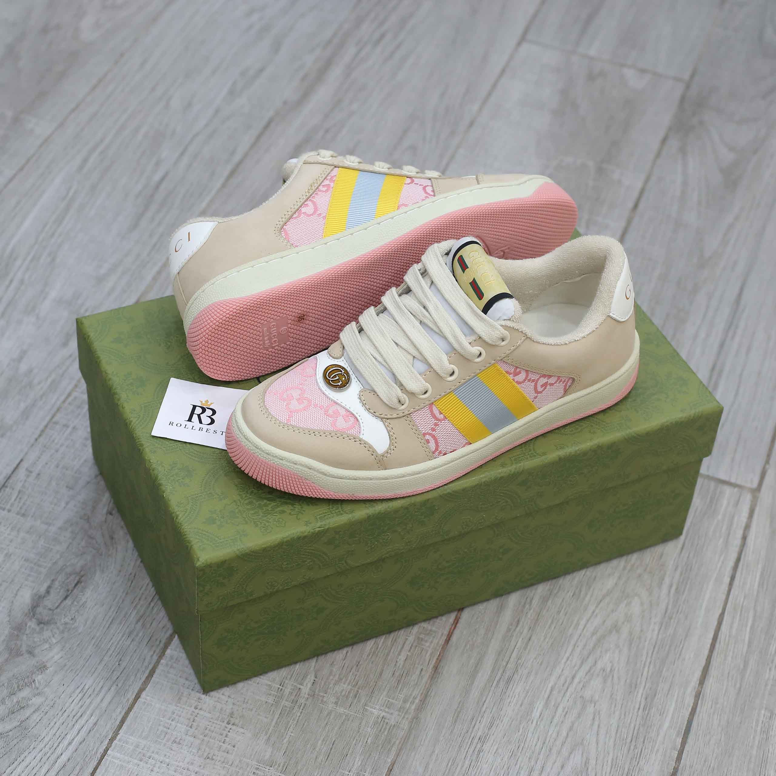 Giày Gucci Screener GG Beige Light Pink Yellow Best Quality