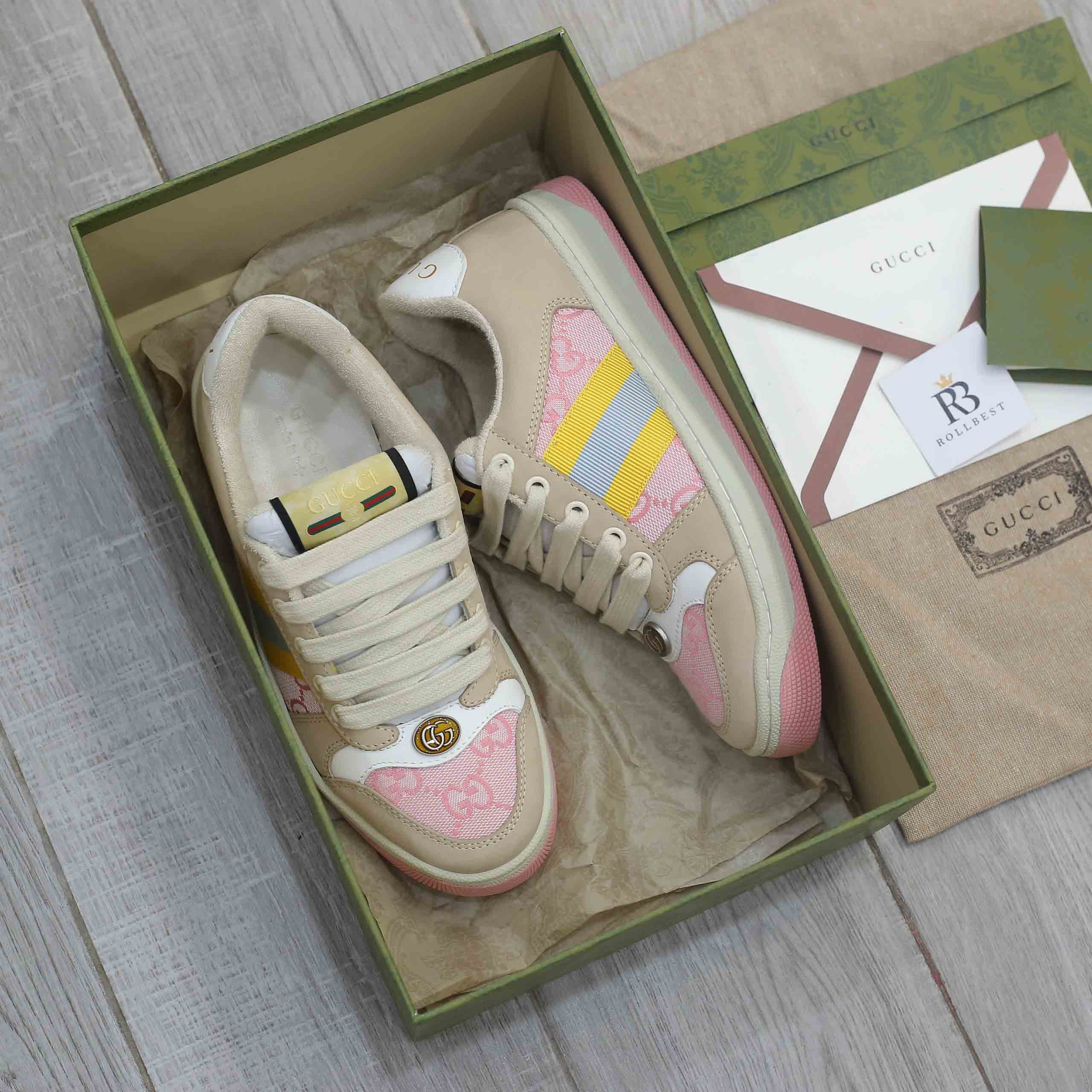 Giày Gucci Screener GG Beige Light Pink Yellow Best Quality