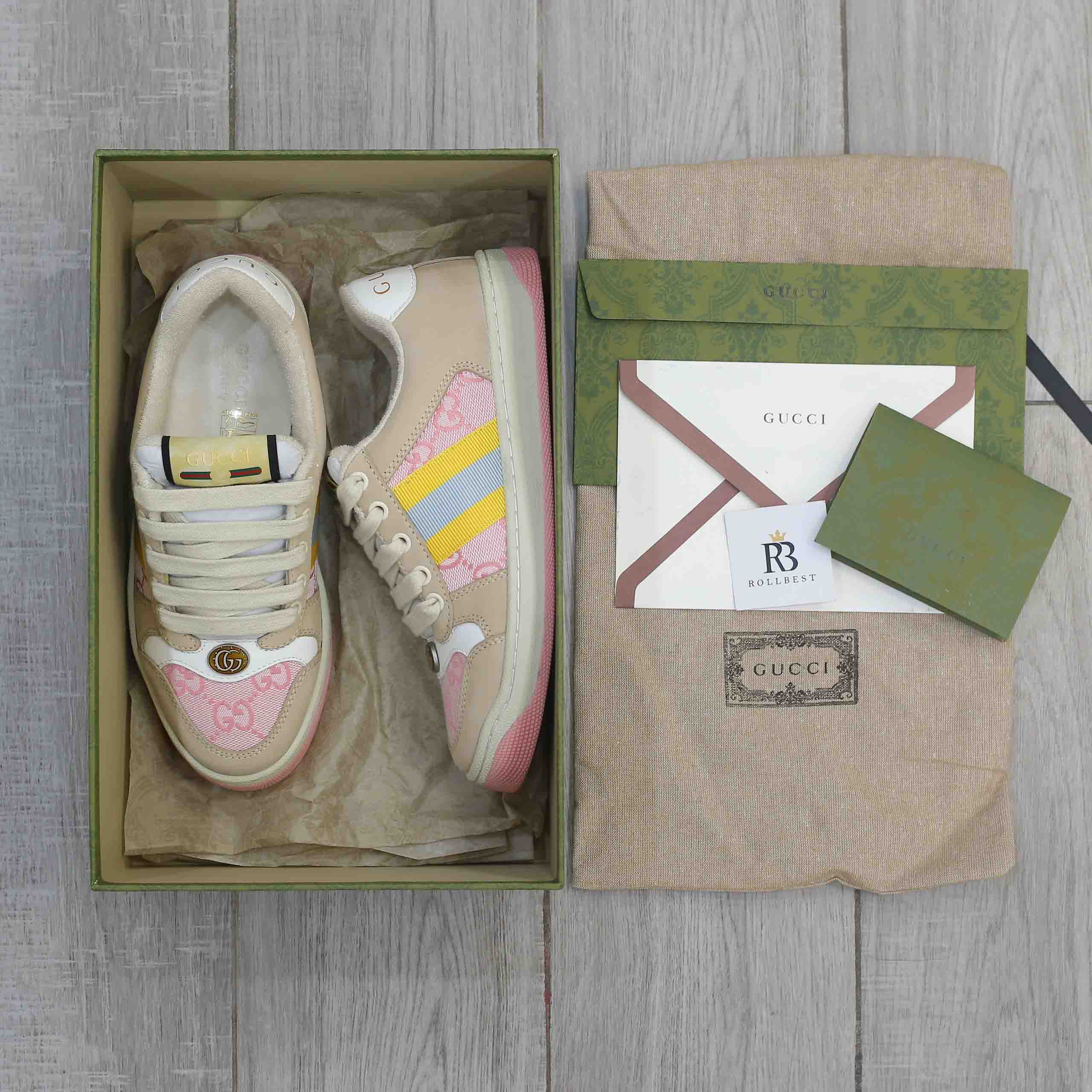 Giày Gucci Screener GG Beige Light Pink Yellow Best Quality