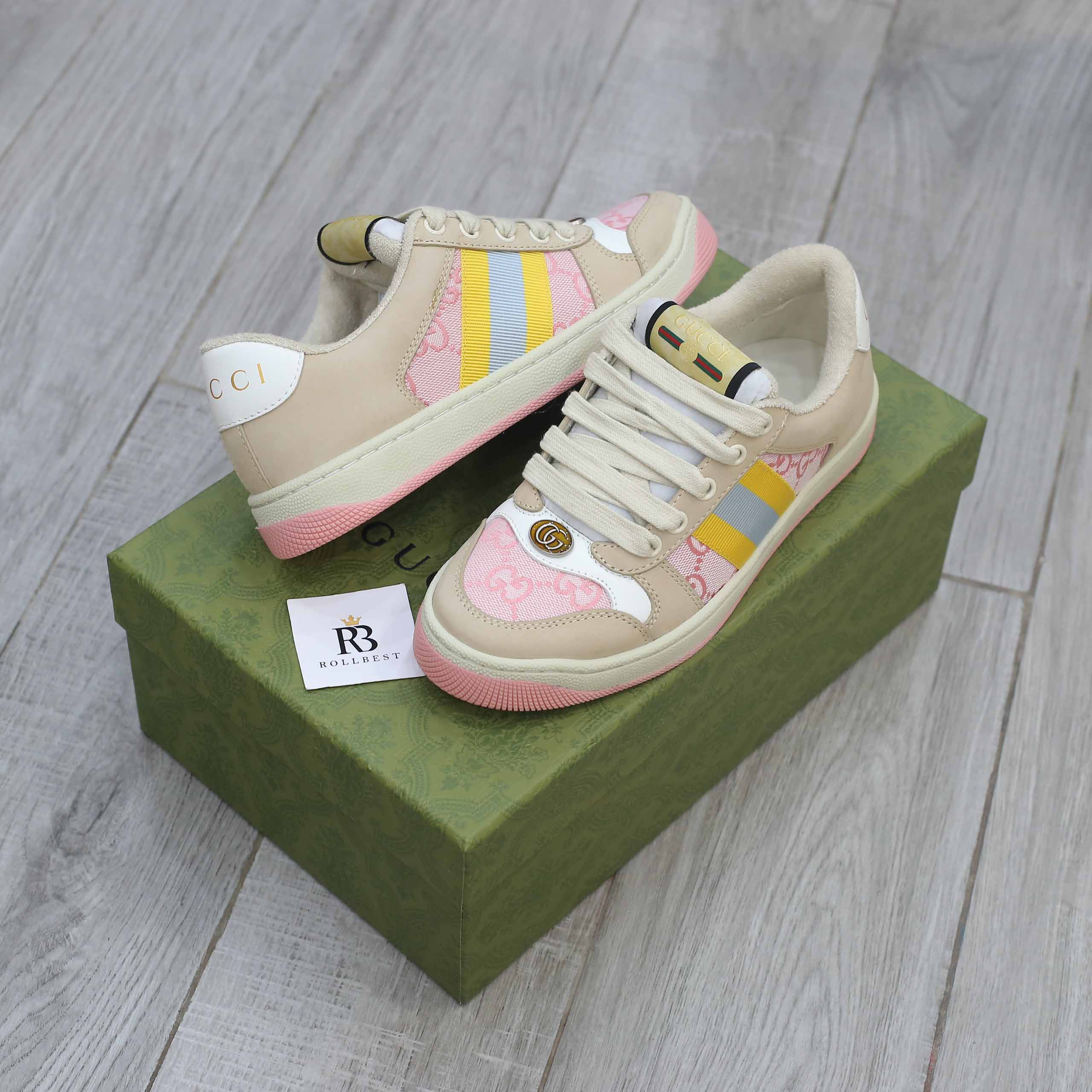 Giày Gucci Screener GG Beige Light Pink Yellow Best Quality