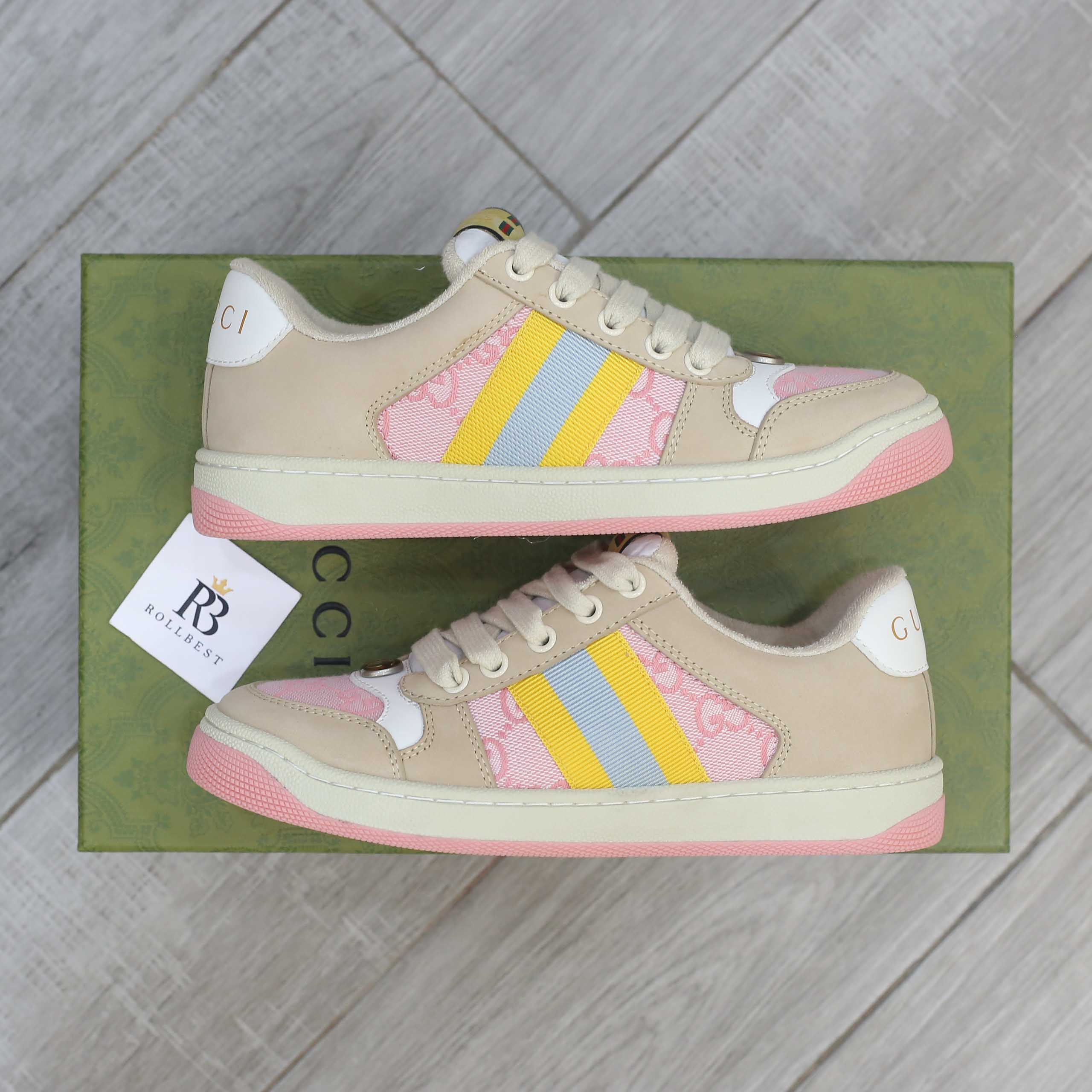 Giày Gucci Screener GG Beige Light Pink Yellow Best Quality