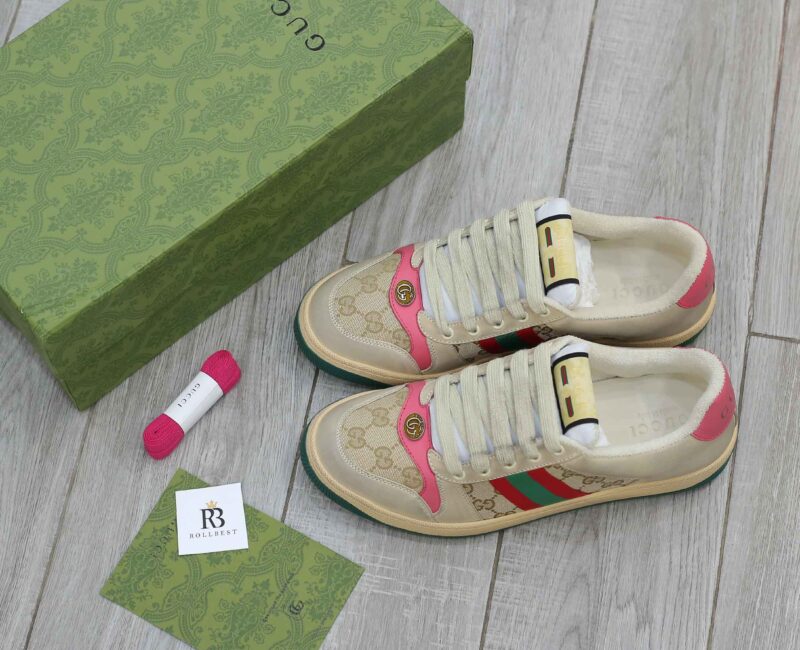 Giày ‎Gucci Screener Distressed Pink Green Best Quality