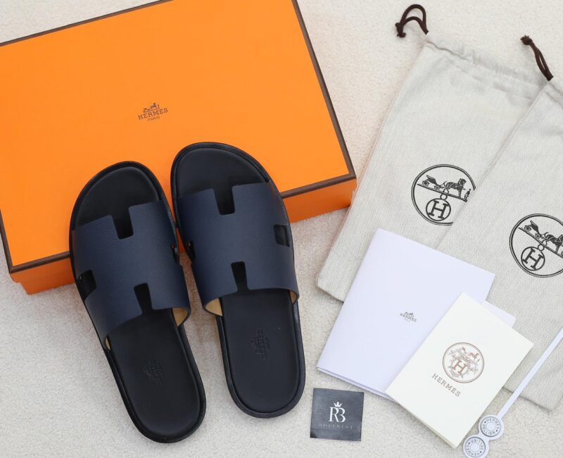 Dép Hermes Izmir da Epsom (Sần) Xanh lót Đen Like Auth