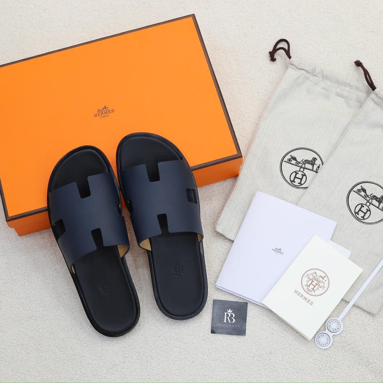 Dép Hermes Izmir da Epsom (Sần) Xanh lót Đen Like Auth