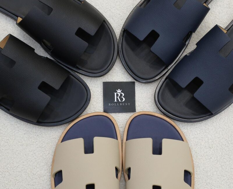 Dép Hermes Izmir da Epsom (Sần) Xanh lót Đen Like Auth