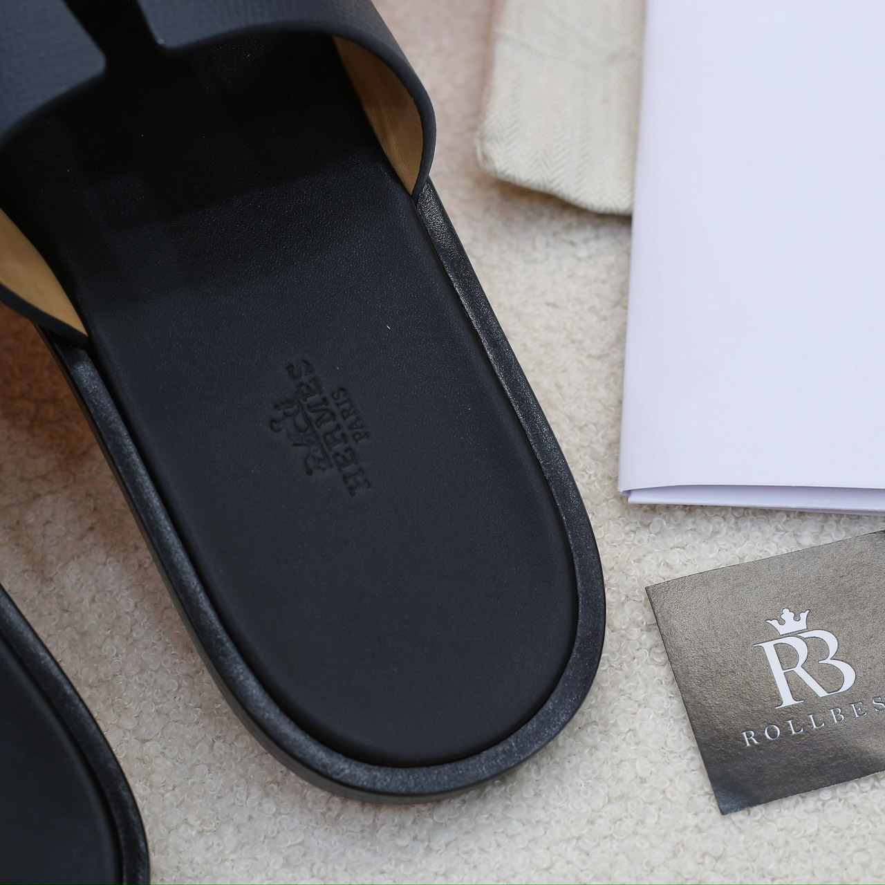 Dép Hermes Izmir da Epsom (Sần) Xanh lót Đen Like Auth