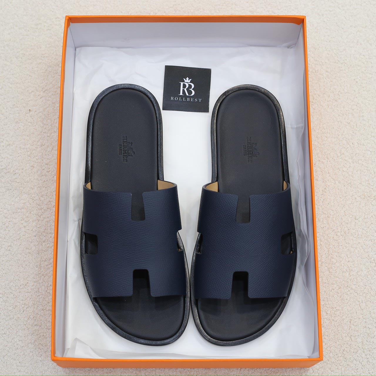 Dép Hermes Izmir da Epsom (Sần) Xanh lót Đen Like Auth