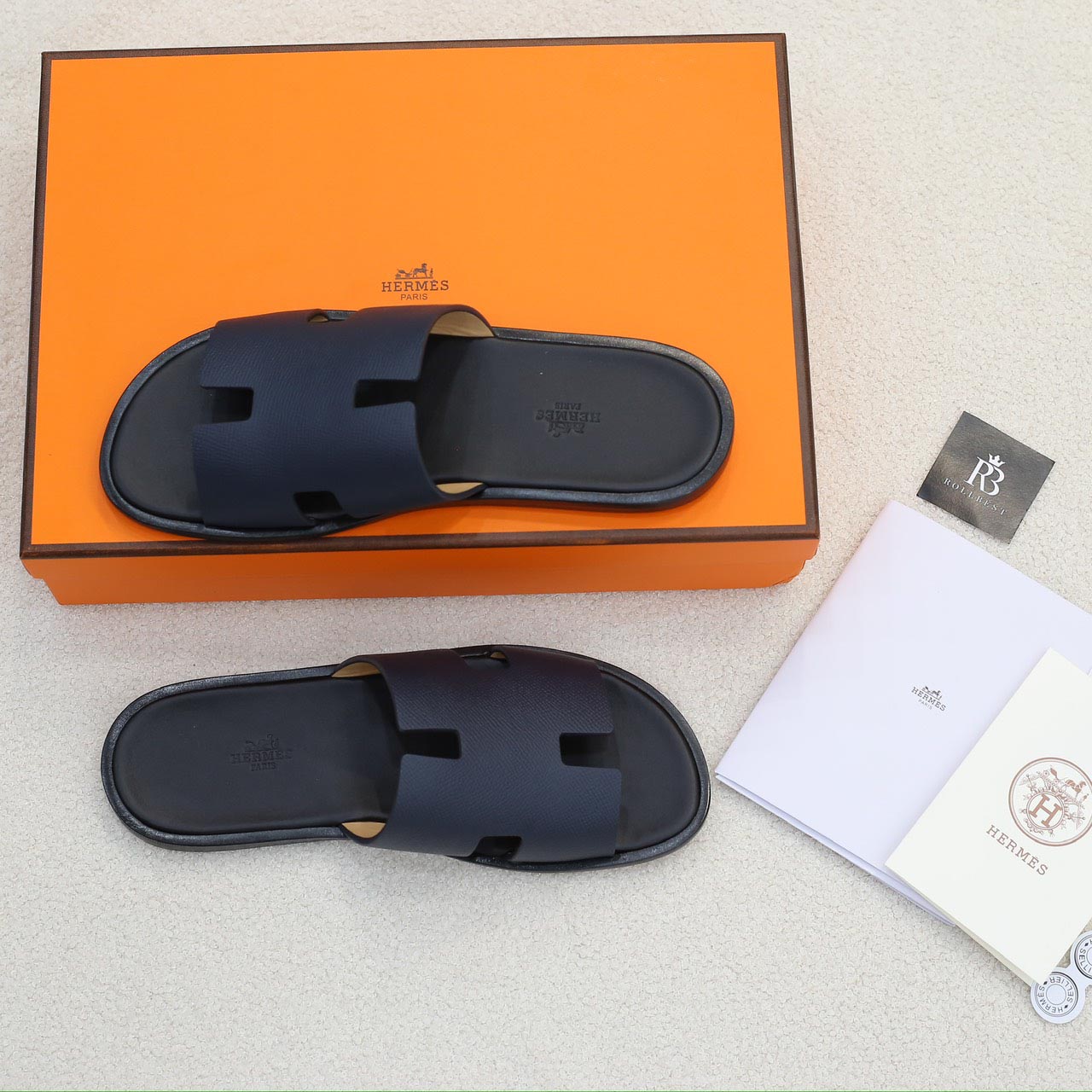 Dép Hermes Izmir da Epsom (Sần) Xanh lót Đen Like Auth