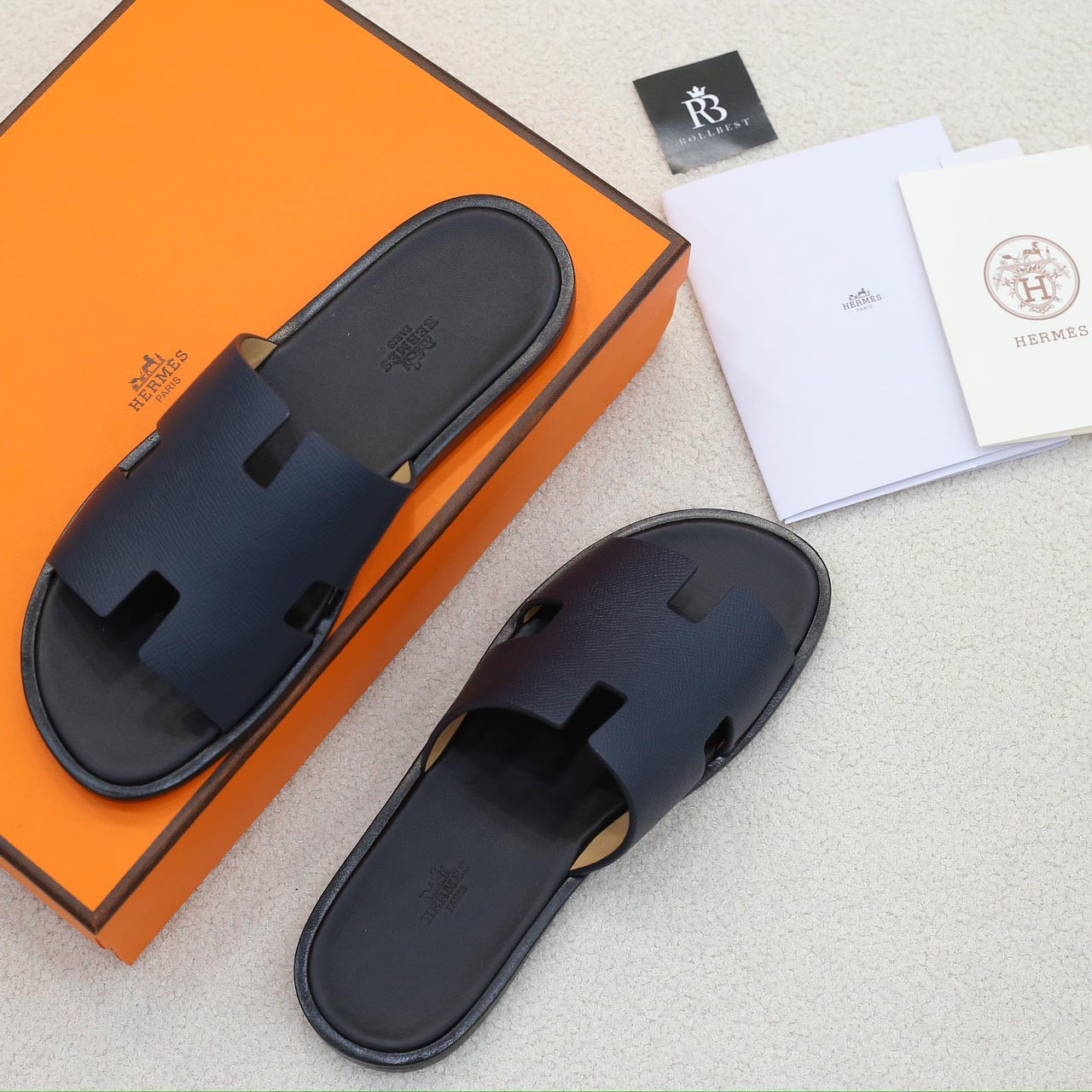 Dép Hermes Izmir da Epsom (Sần) Xanh lót Đen Like Auth