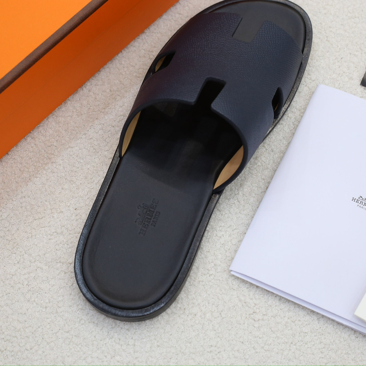 Dép Hermes Izmir da Epsom (Sần) Xanh lót Đen Like Auth