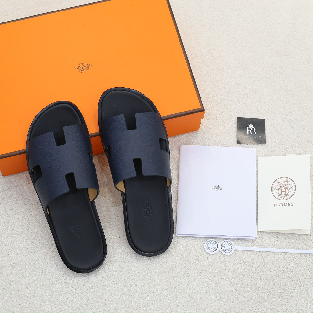 Dép Hermes Izmir da Epsom (Sần) Xanh lót Đen Like Auth