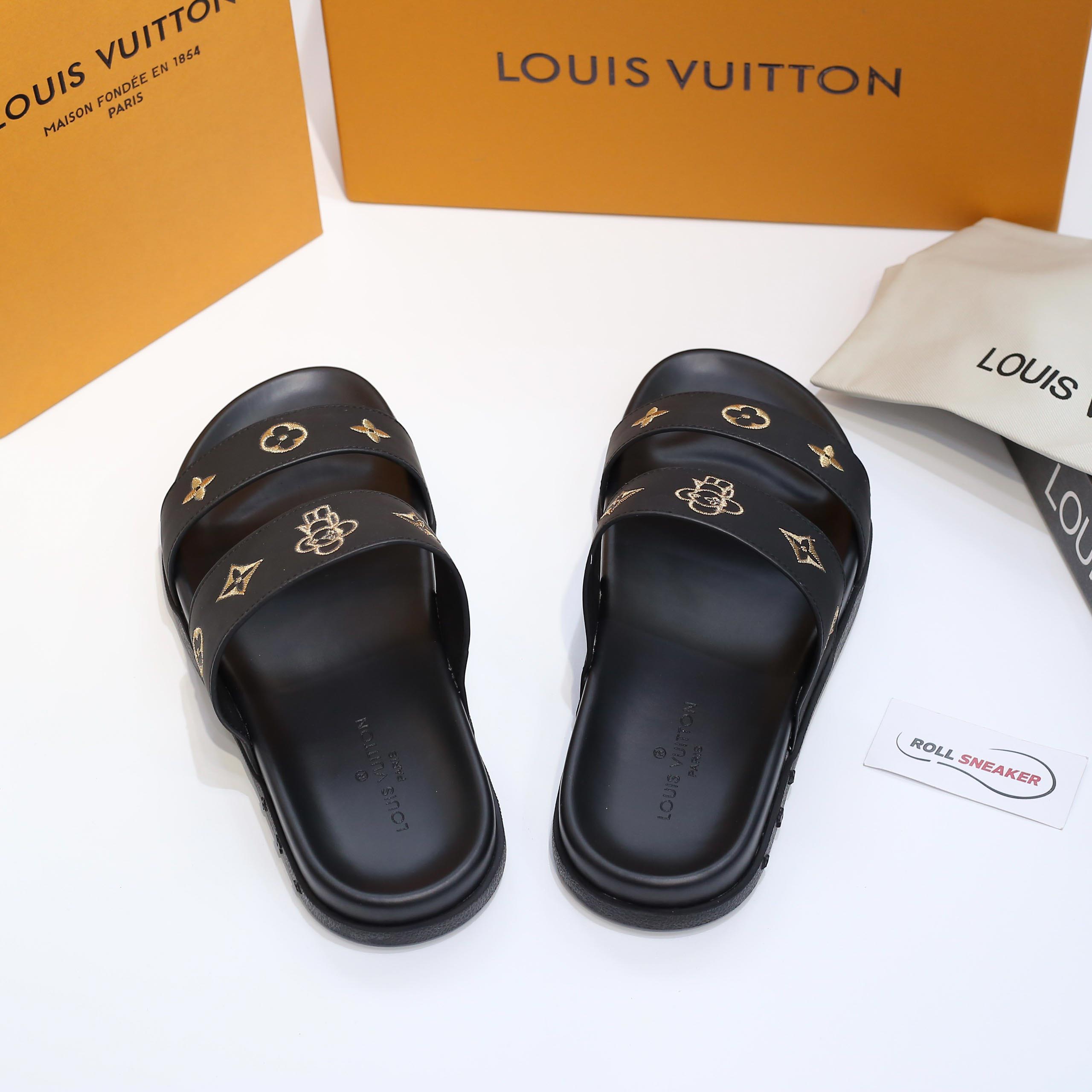 Dép Louis Vuitton Nam Màu Đen Họa Tiết Hoa Vàng Best Quality