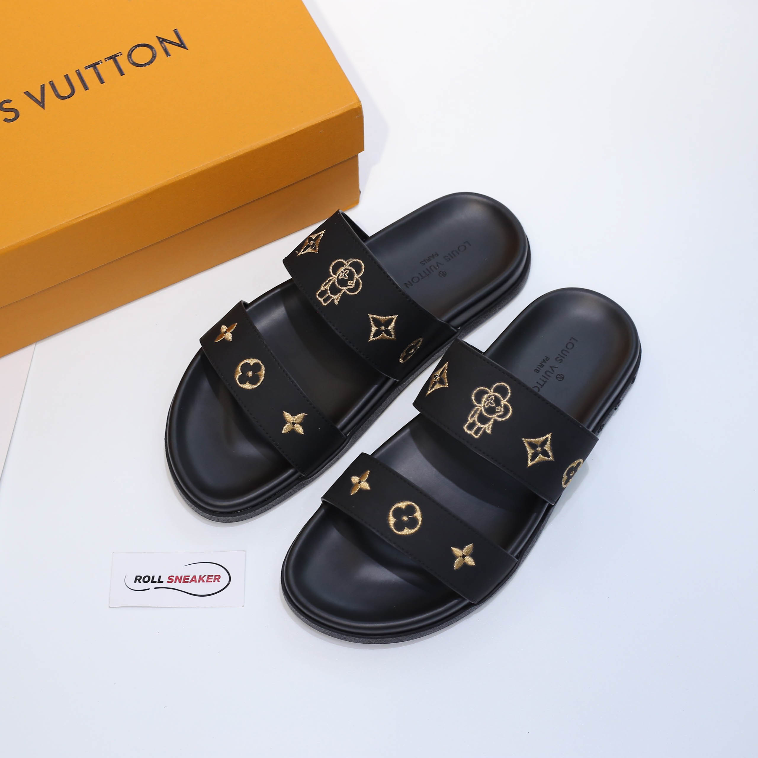 Dép Louis Vuitton Nam Màu Đen Họa Tiết Hoa Vàng Best Quality