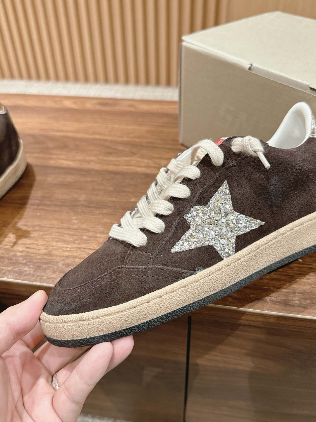 Giày Golden Goose Superstar Silver Glitter Star Brown Suede Ballstar 36 Best Quality