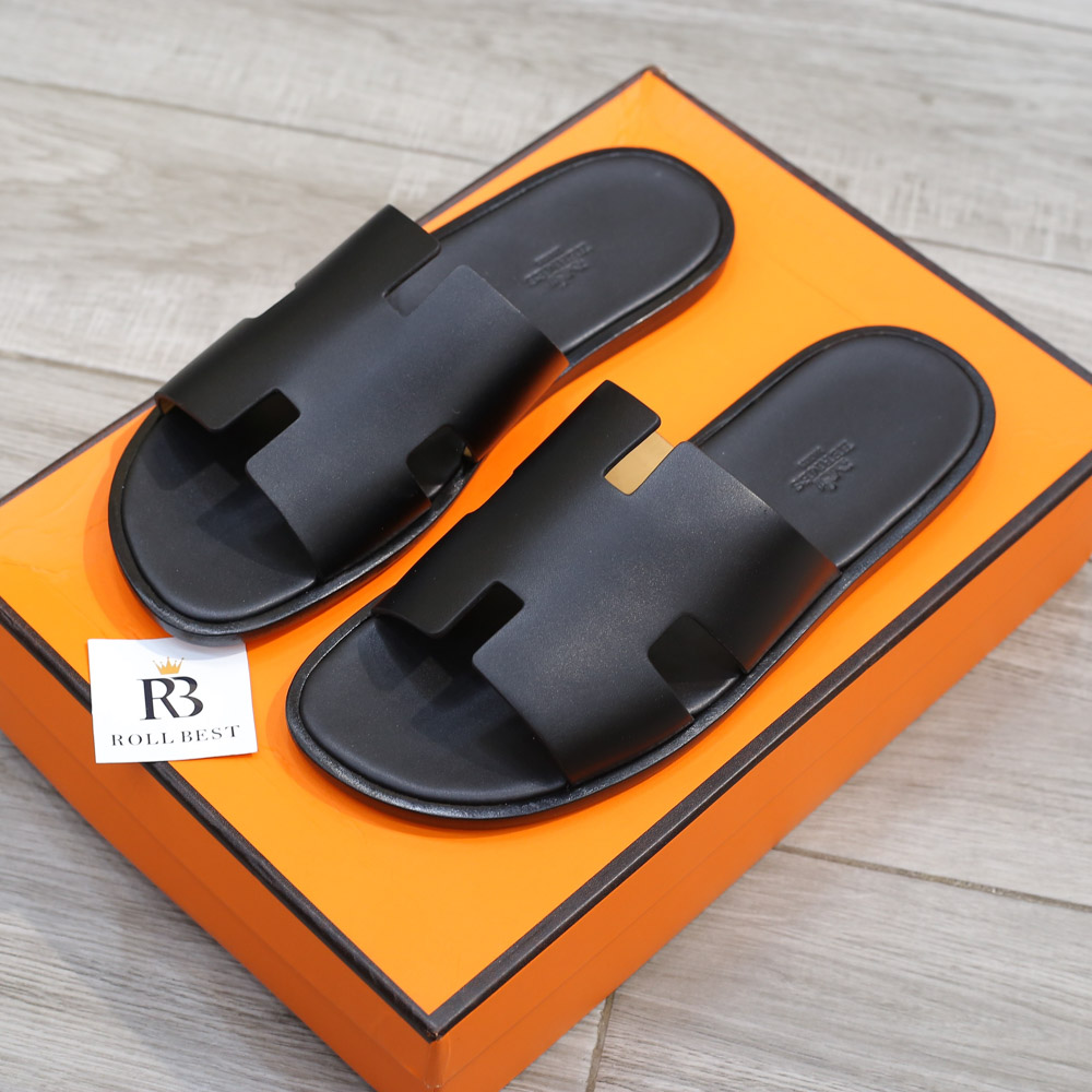 Dép Hermes Nam Full Đen Da Trơn Like Auth