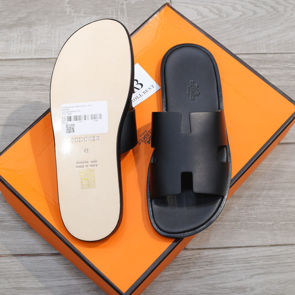 Dép Hermes Nam Full Đen Da Trơn Like Auth