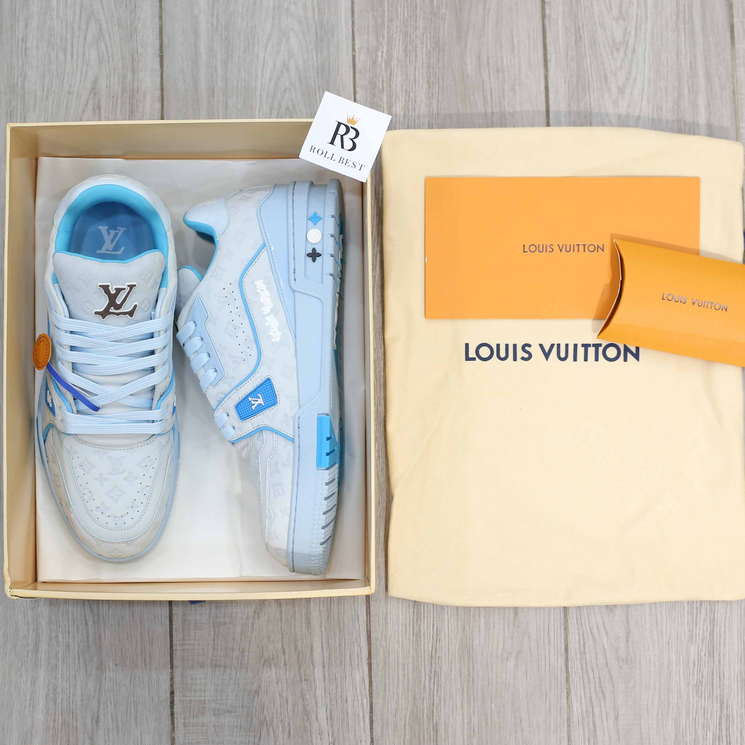Giày Louis Vuitton LV Trainer #54 Nubuck Calf Leather Monogram Blue Best Quality