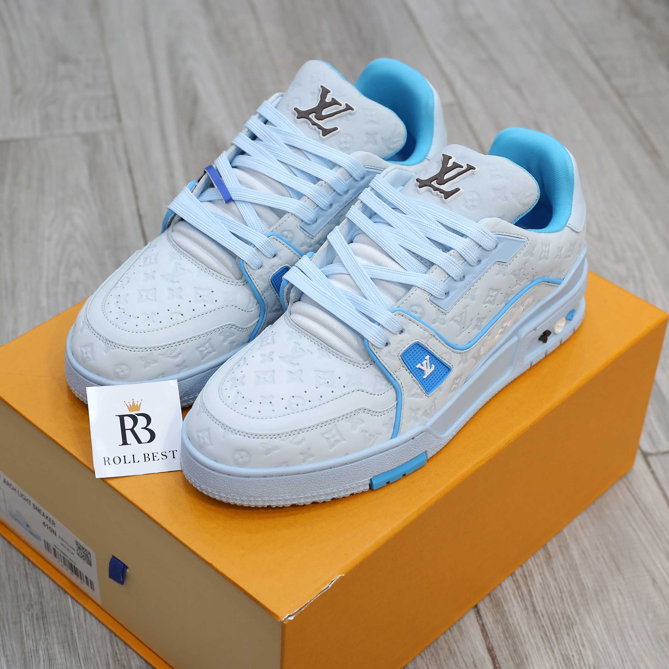 Giày Louis Vuitton LV Trainer #54 Nubuck Calf Leather Monogram Blue Best Quality