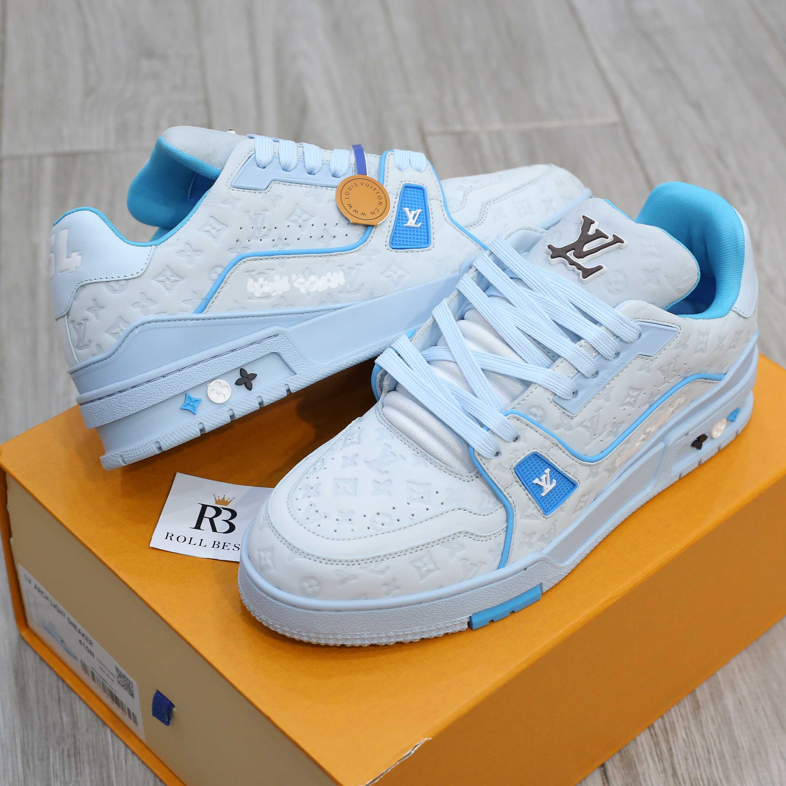 Giày Louis Vuitton LV Trainer #54 Nubuck Calf Leather Monogram Blue Best Quality