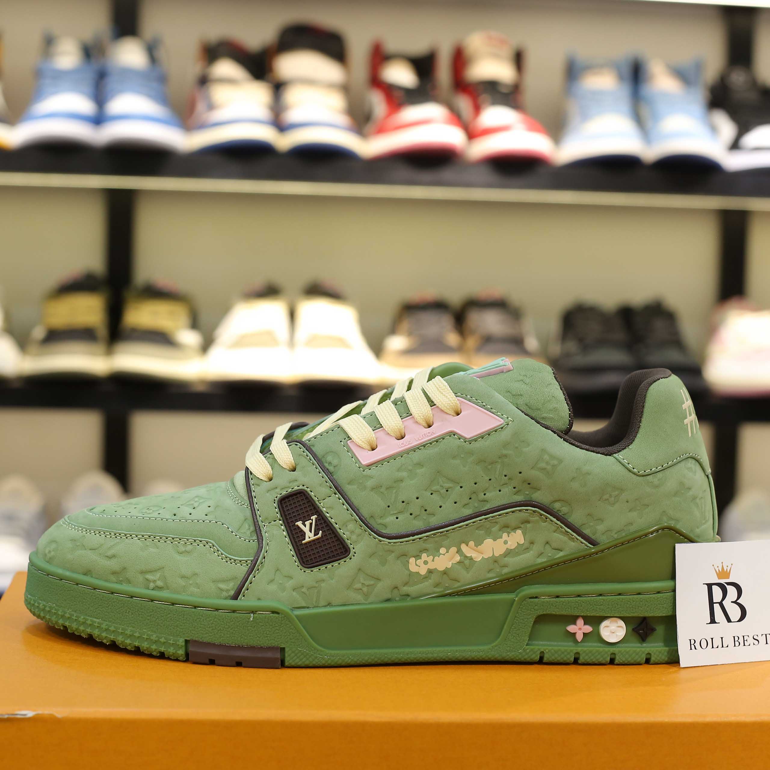 Giày Louis Vuitton LV Trainer #54 Nubuck Calf Leather Monogram Green Best Quality