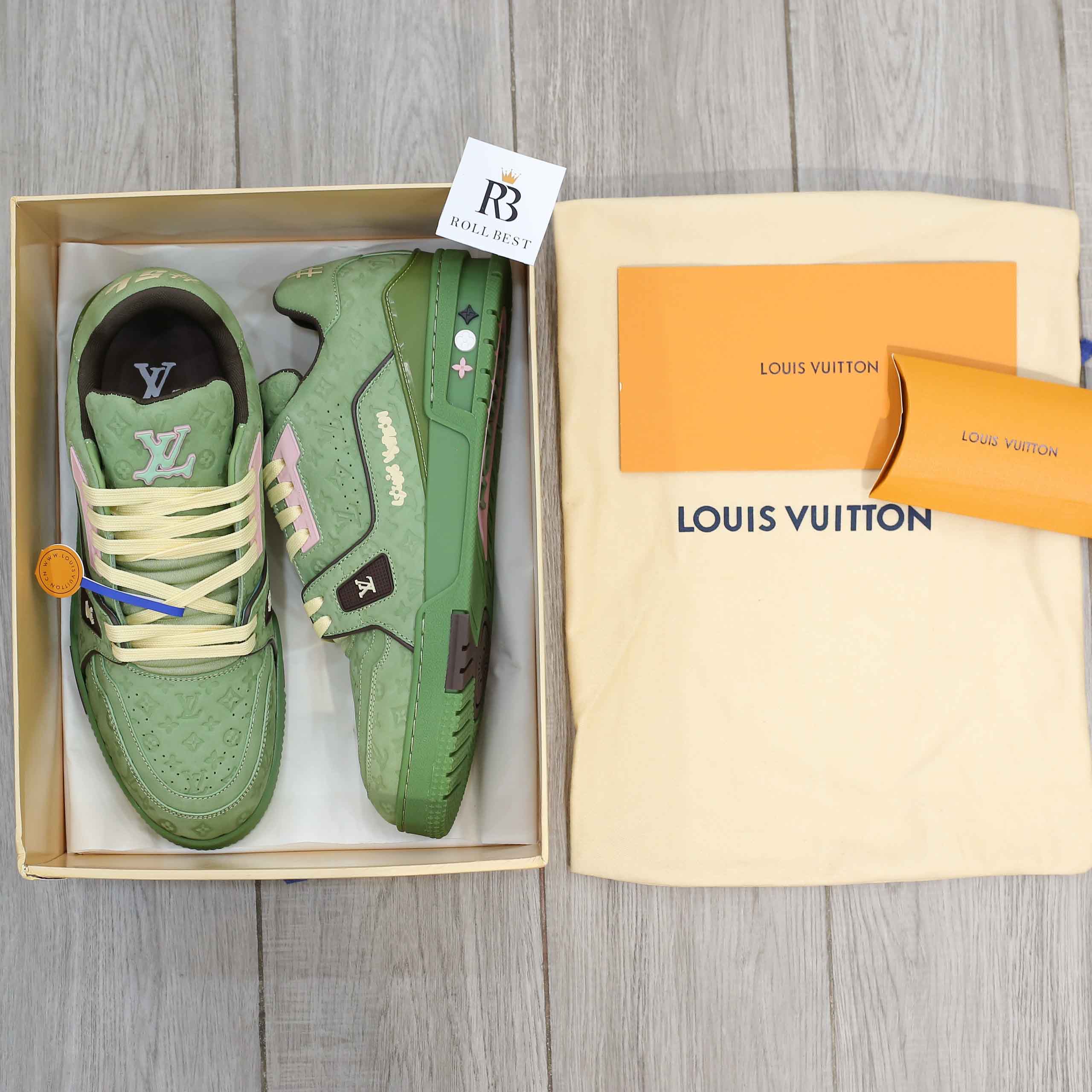 Giày Louis Vuitton LV Trainer #54 Nubuck Calf Leather Monogram Green Best Quality
