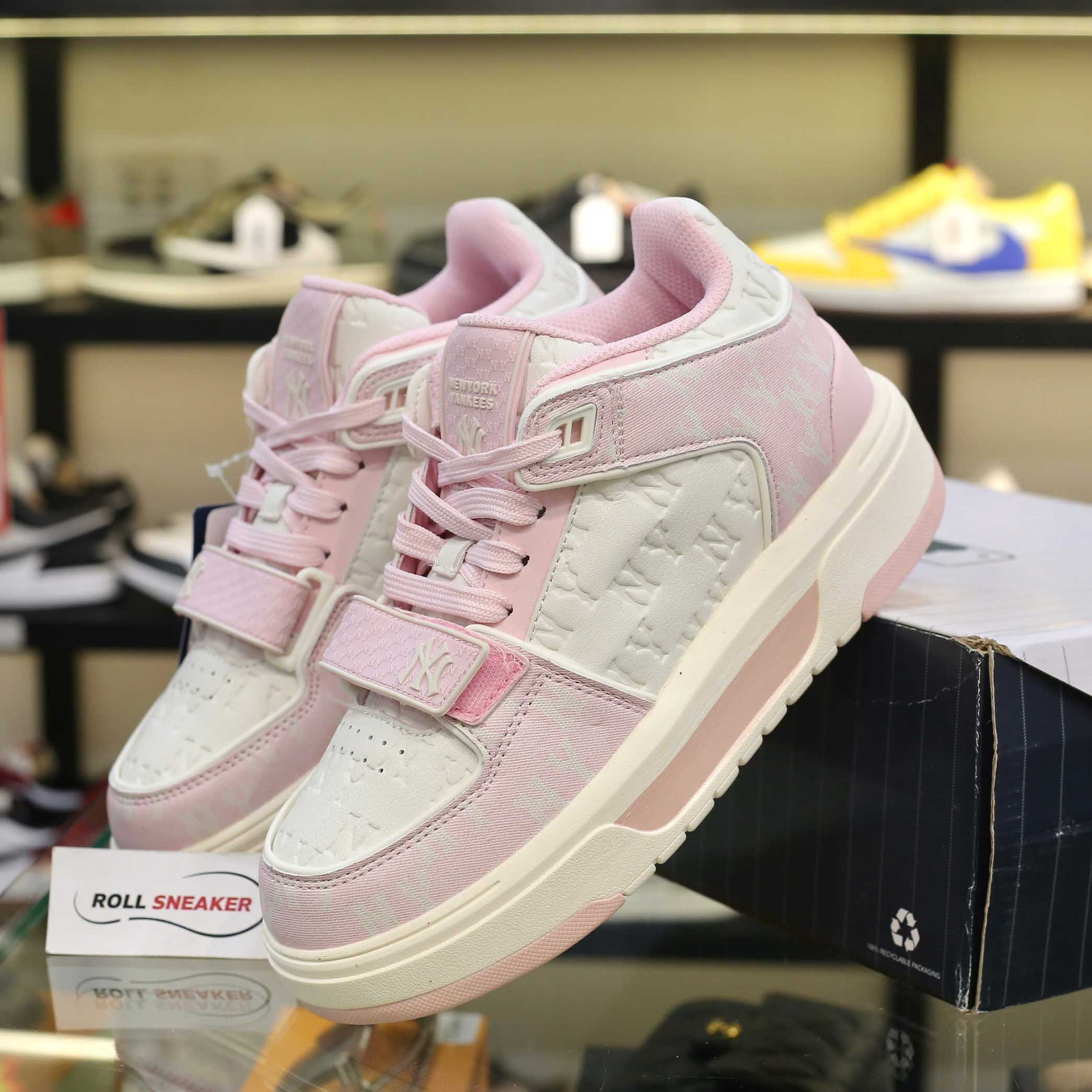 Giày MLB Chunky Liner Mid Classic Monogram NY Pink dập chìm Like Auth