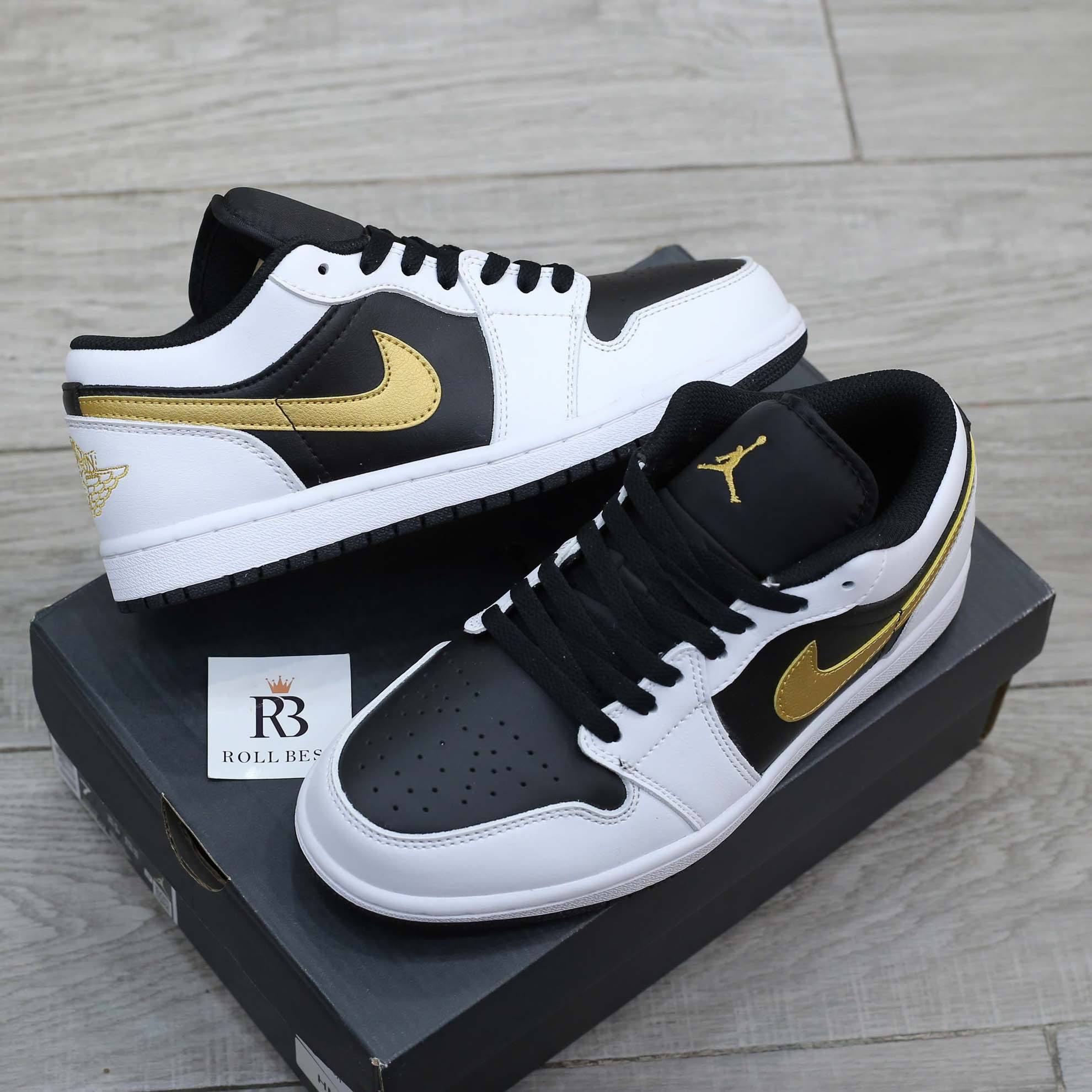 Giày Nike Air Jordan 1 Low White Black Metallic Gold Swoosh Best Quality