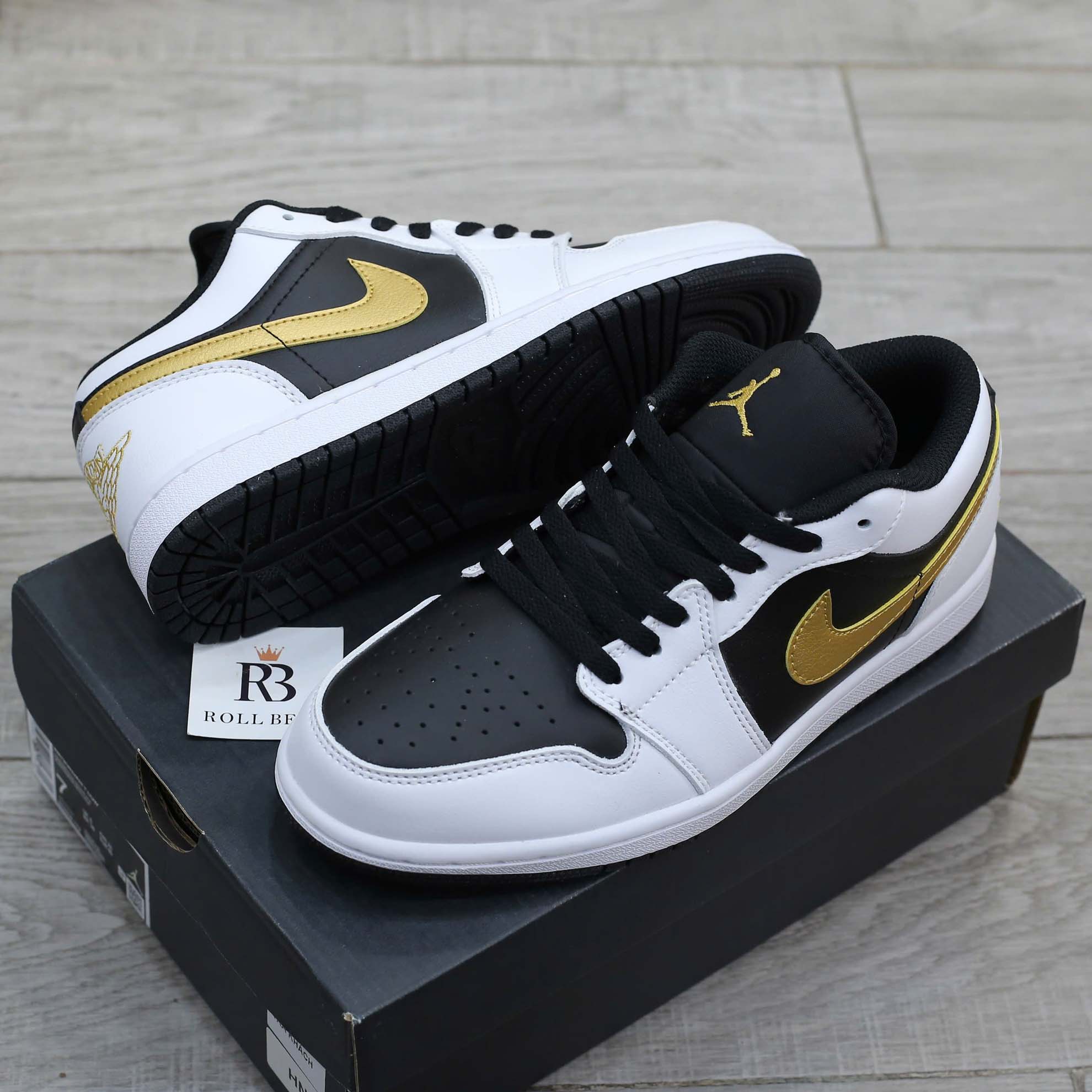 Giày Nike Air Jordan 1 Low White Black Metallic Gold Swoosh Best Quality
