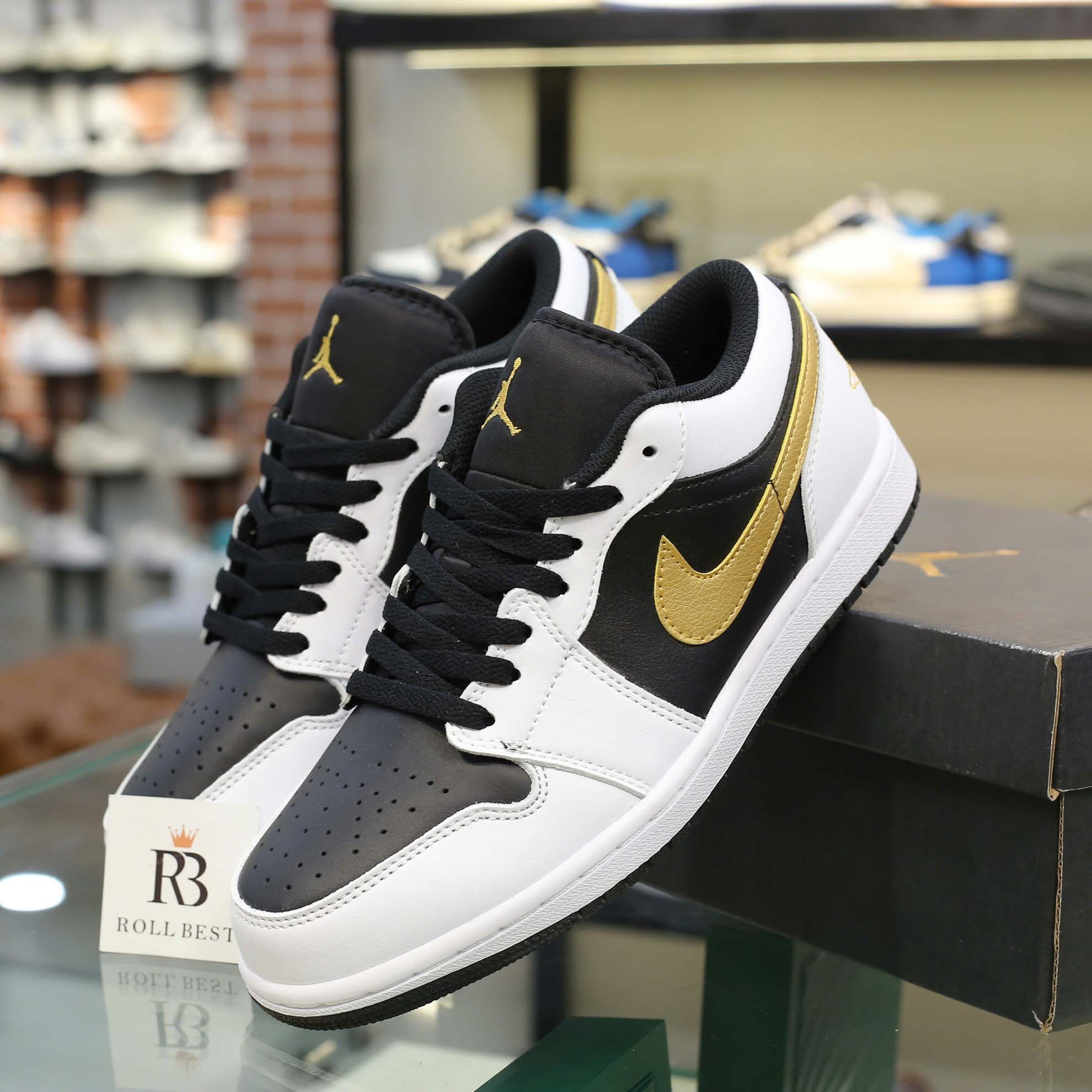 Giày Nike Air Jordan 1 Low White Black Metallic Gold Swoosh Best Quality