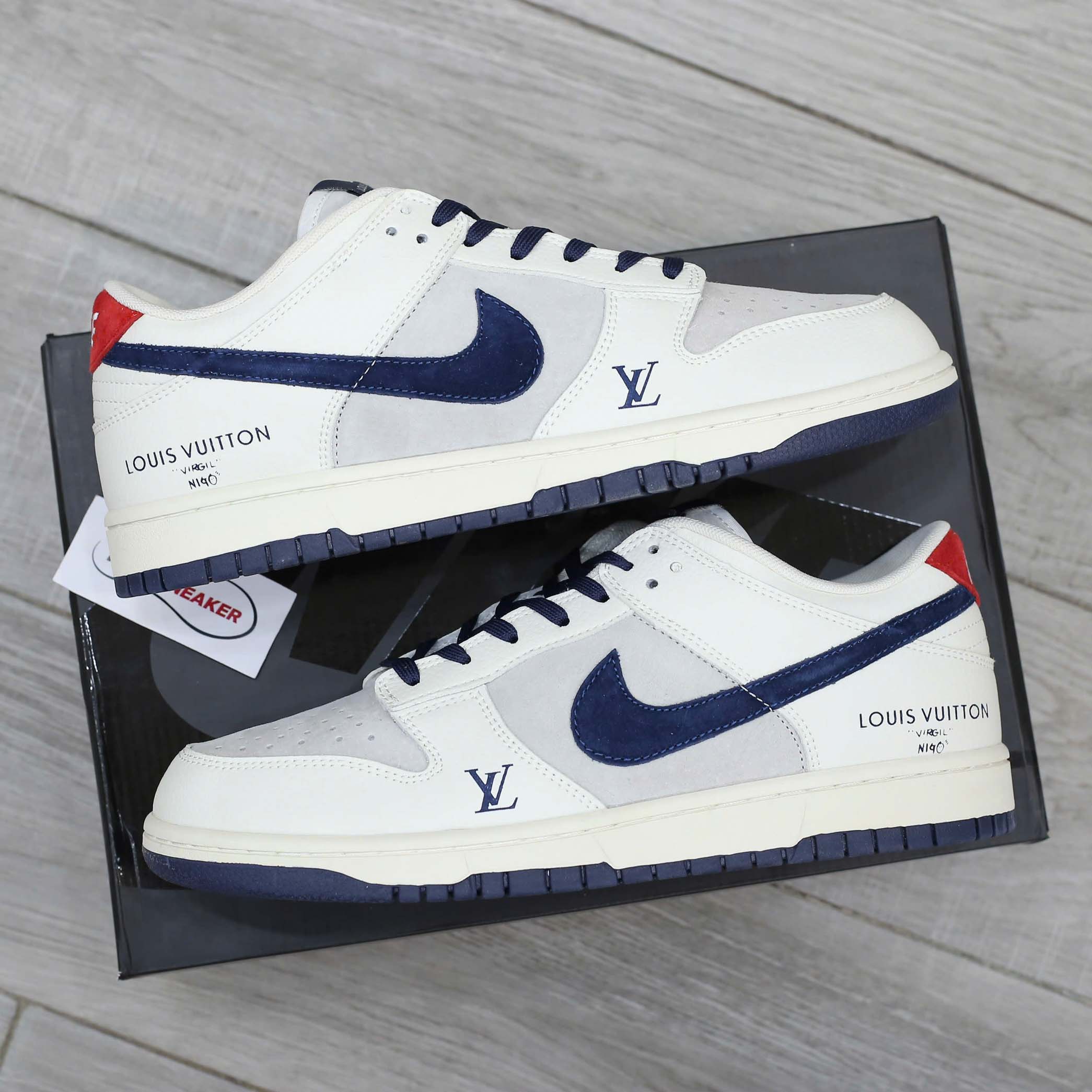 Giày Nike SB Dunk Low x Louis Vuitton Grey Blue Red Like Auth