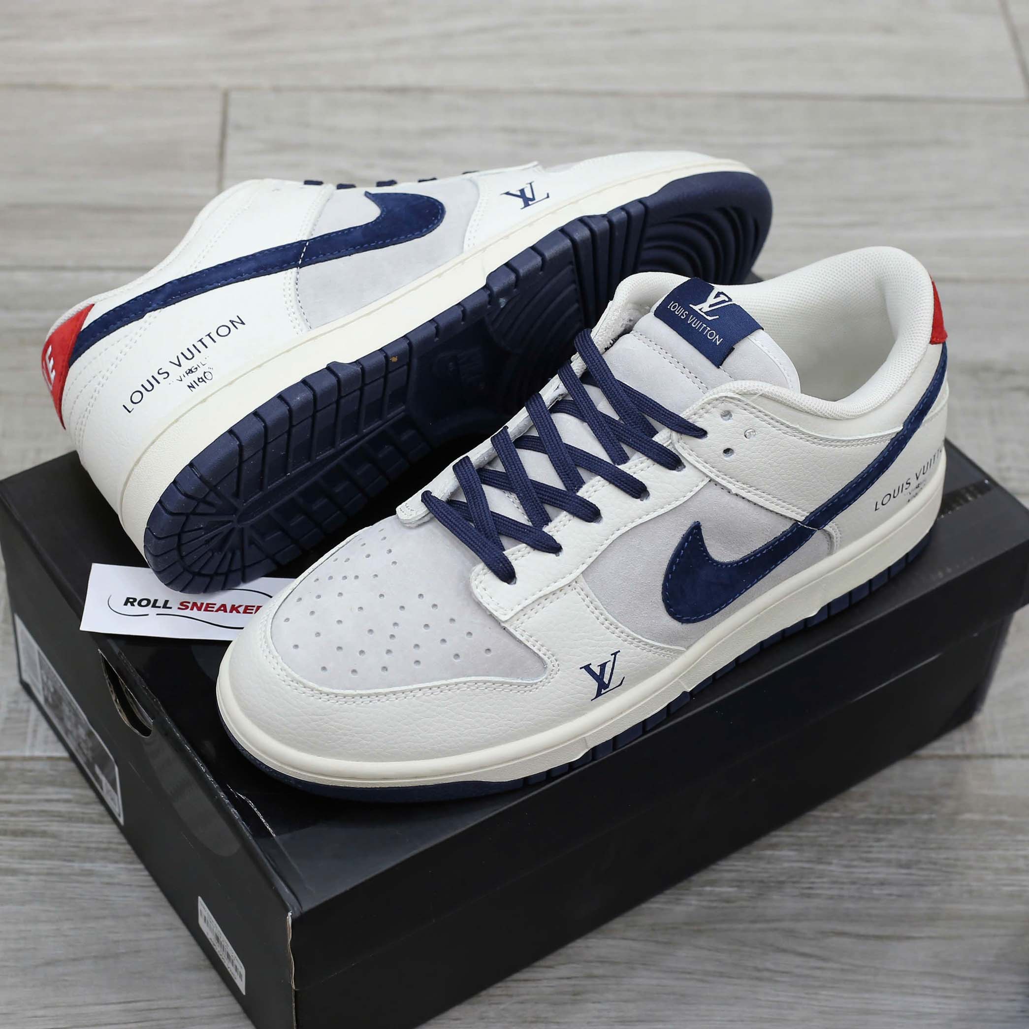 Giày Nike SB Dunk Low x Louis Vuitton Grey Blue Red Like Auth