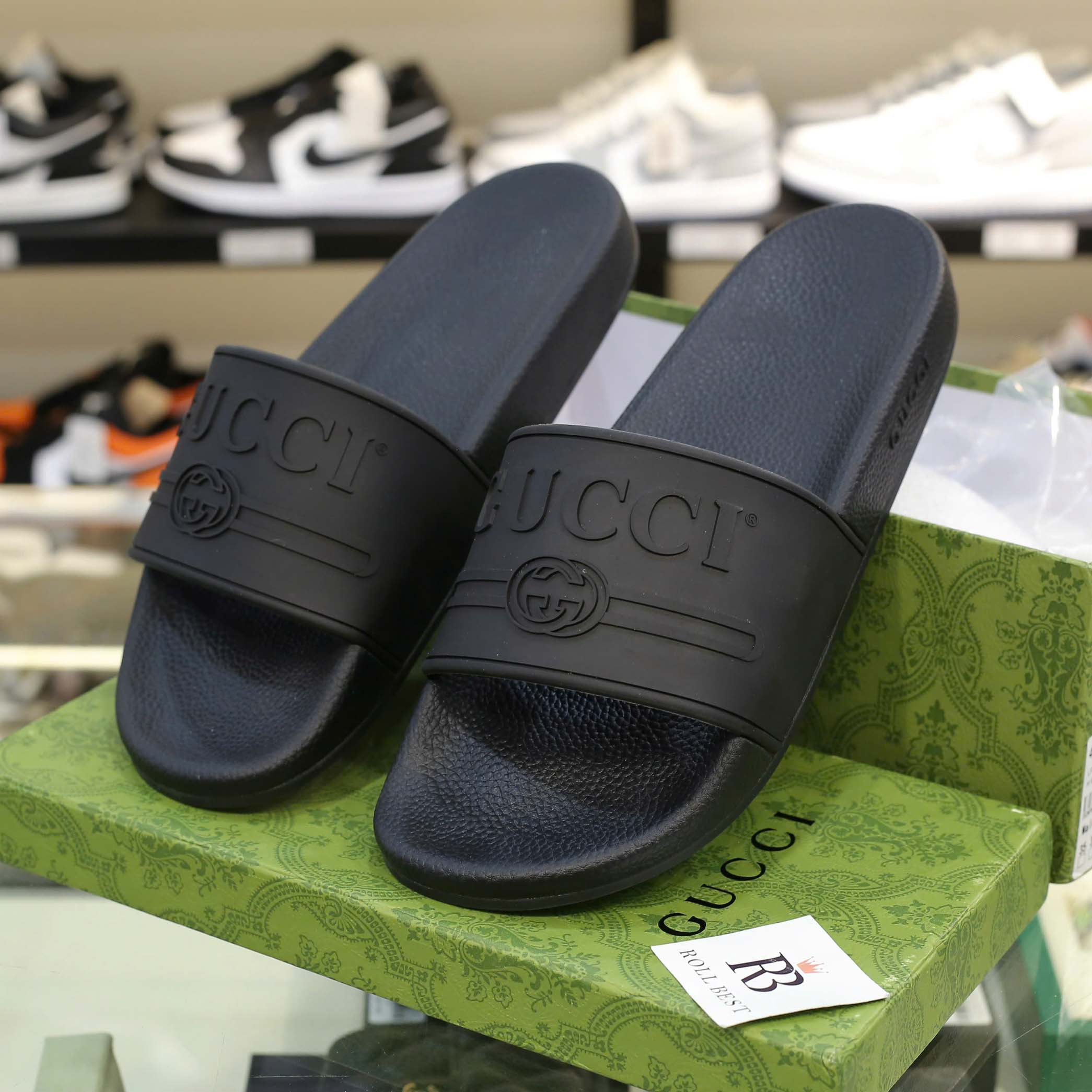 Dép Gucci Logo Slide Black Rubber Best Quality