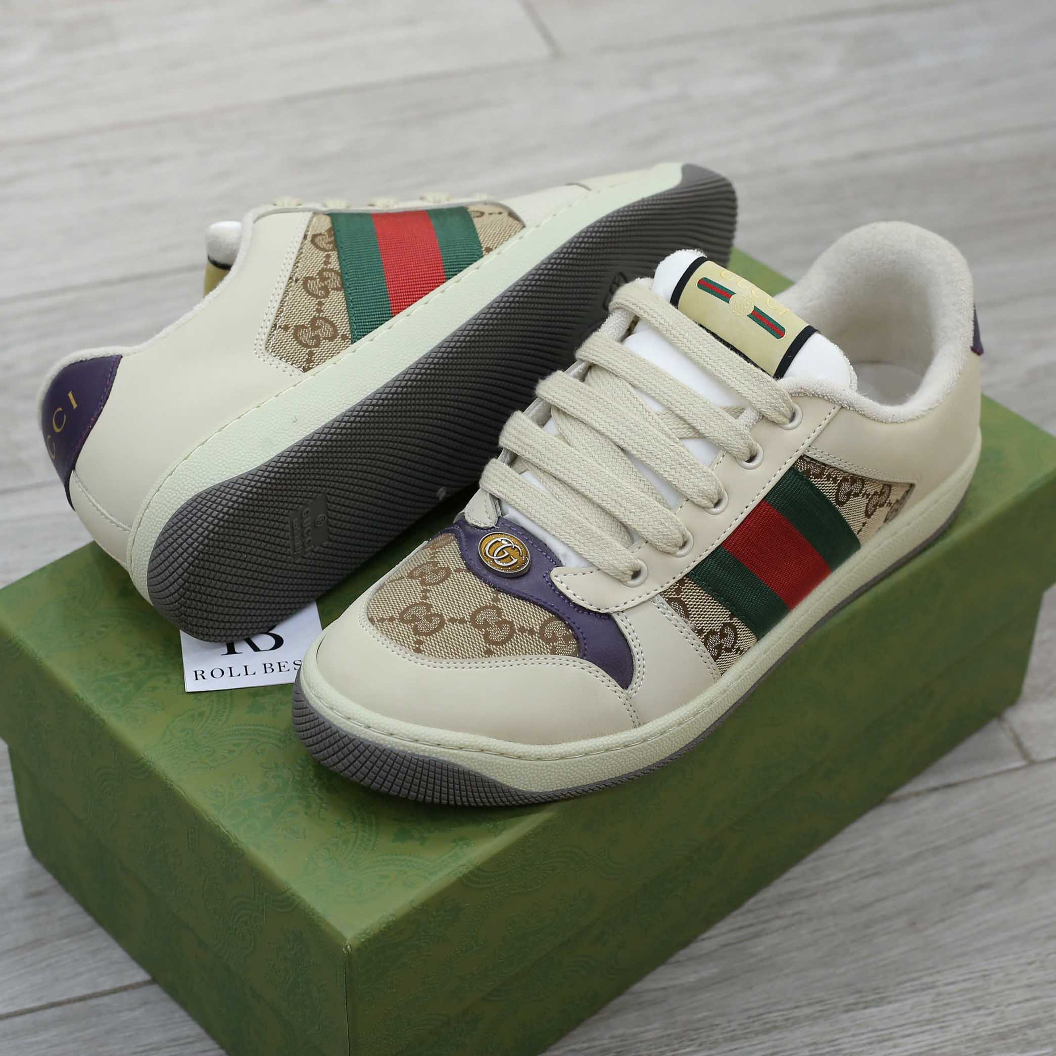 Giày Gucci Screener Leather and GG-Supreme gót Tím Best Quality