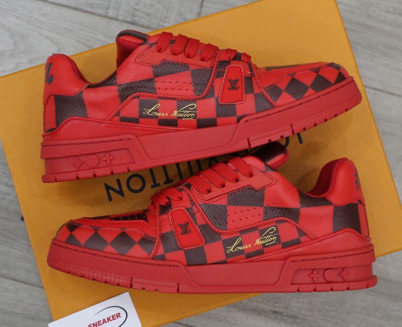 Giày Louis Vuitton LV Trainer Sneaker Damier Pop Rojo Hombre Like Auth