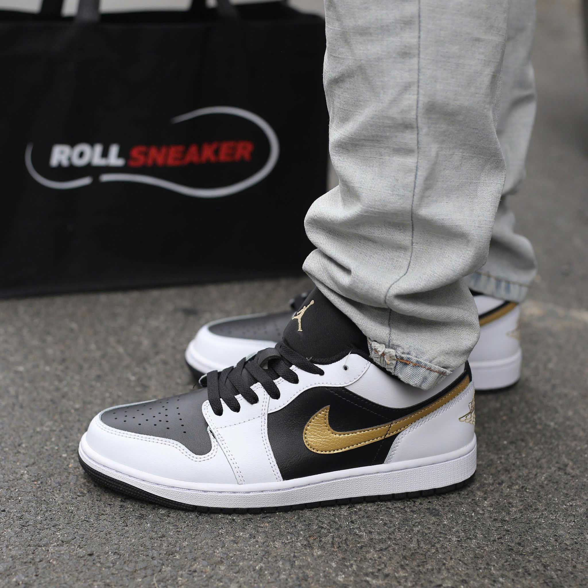 Onfeet Giày Nike Air Jordan 1 Low White Black Metallic Gold Swoosh Best Quality