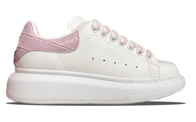 Giày Alexander Mcqueen Trắng Gót Hồng Vân Cá Sấu Chuẩn 99% Auth