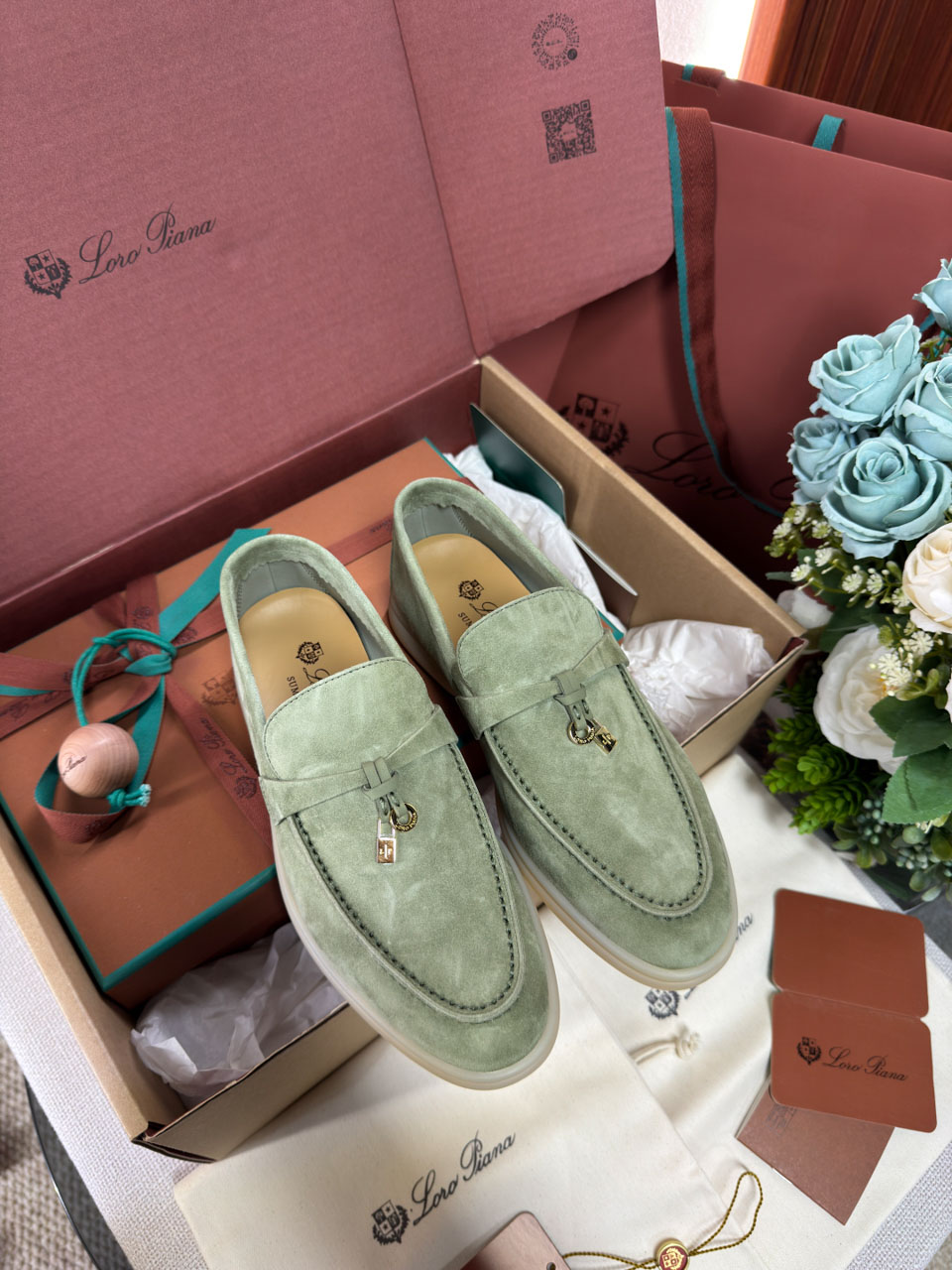 Giày Loro Piana Summer Charms Walk Loafer Green Lagoon Best Quality