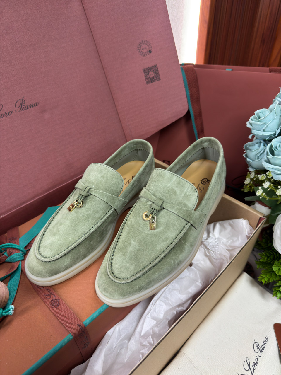Giày Loro Piana Summer Charms Walk Loafer Green Lagoon Best Quality