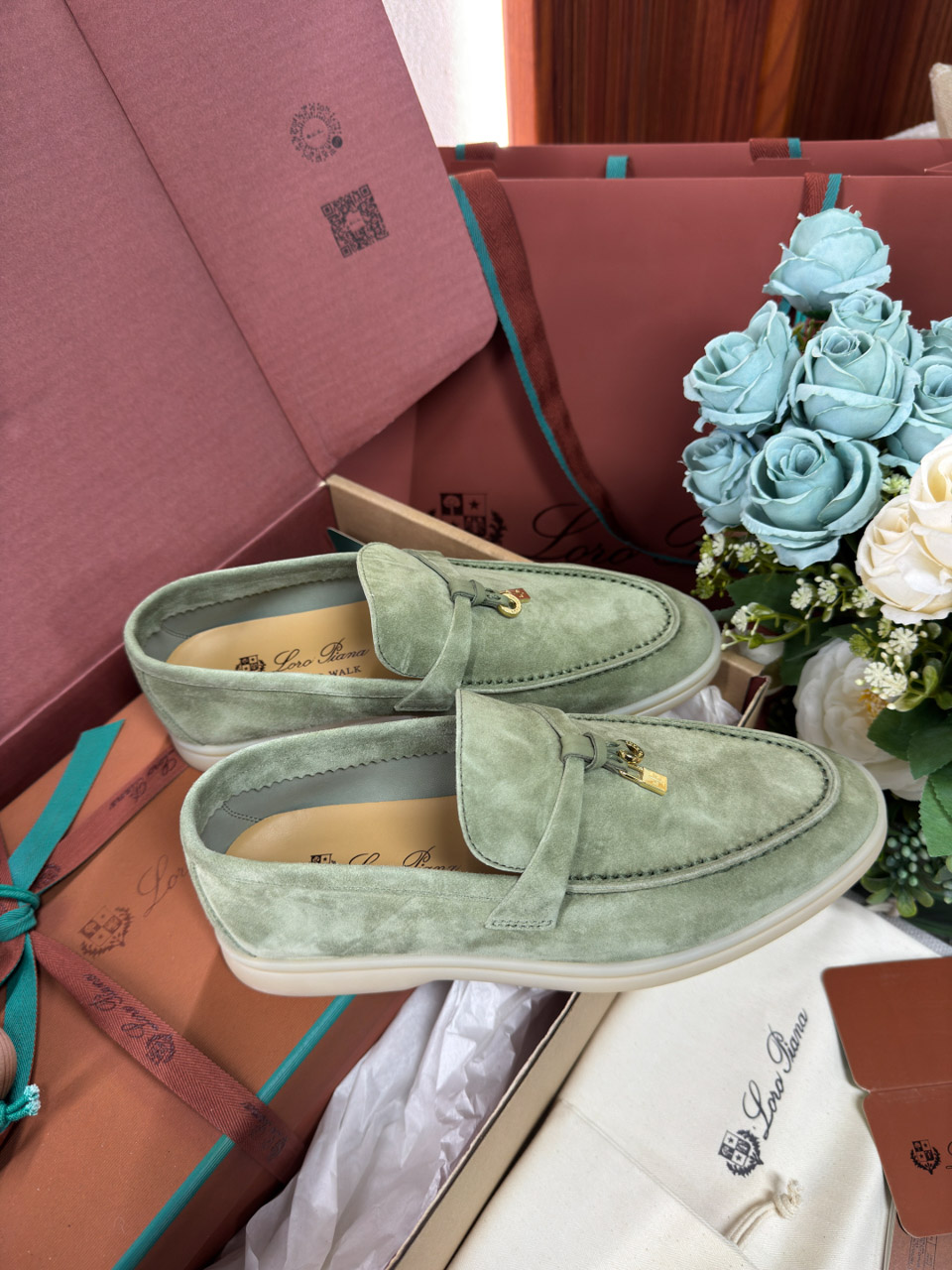 Giày Loro Piana Summer Charms Walk Loafer Green Lagoon Best Quality