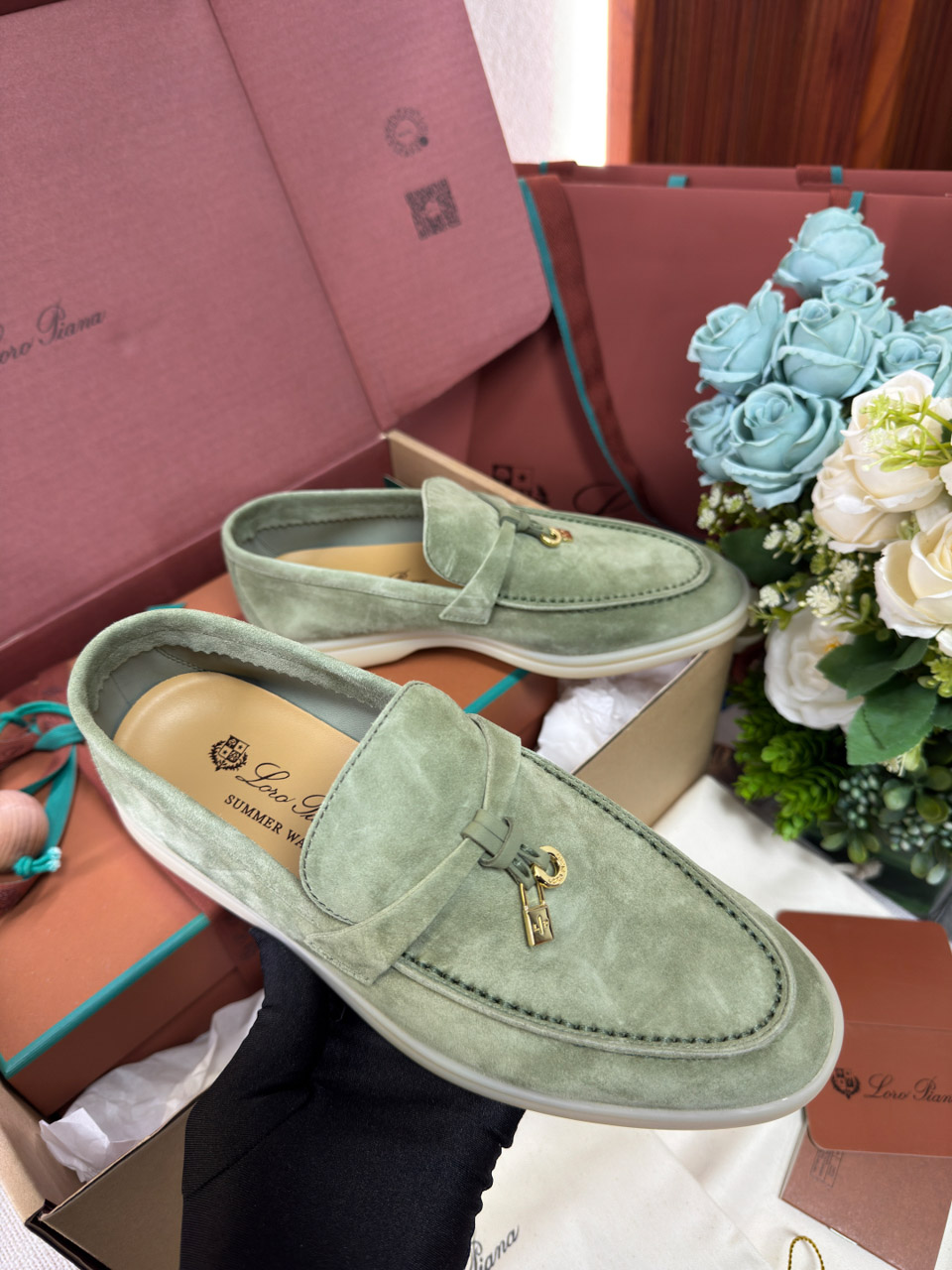 Giày Loro Piana Summer Charms Walk Loafer Green Lagoon Best Quality