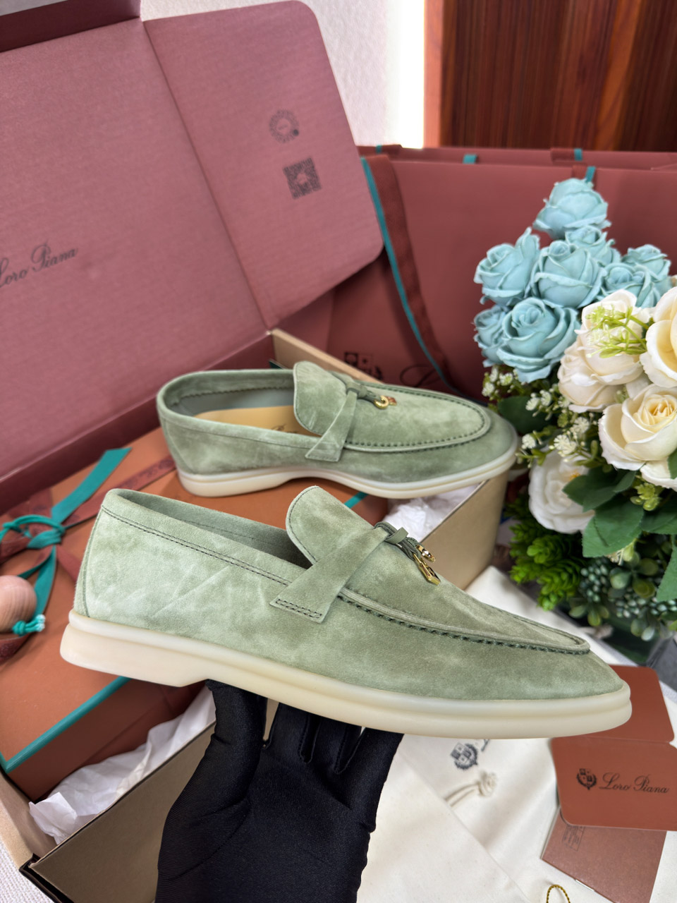 Giày Loro Piana Summer Charms Walk Loafer Green Lagoon Best Quality