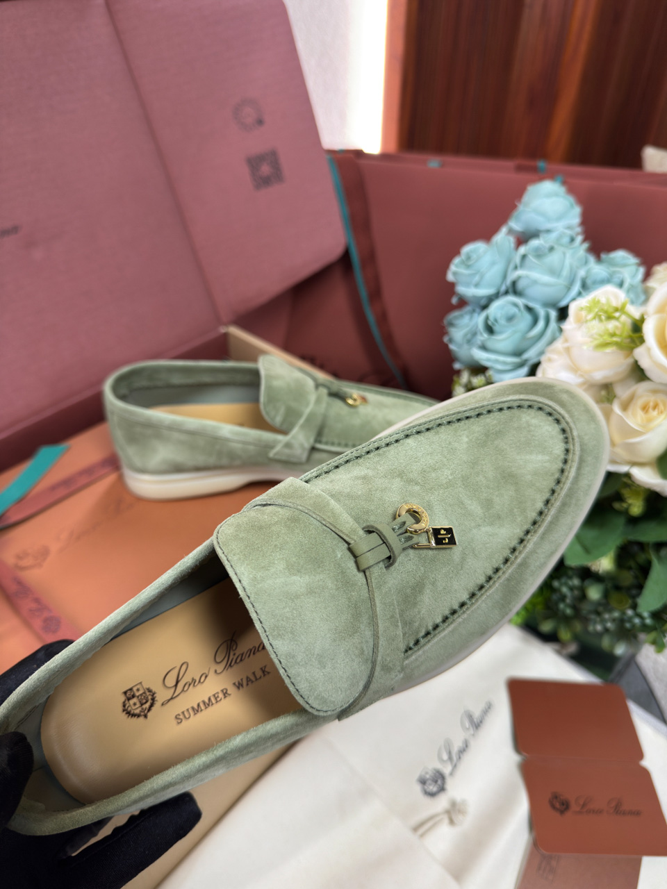 Giày Loro Piana Summer Charms Walk Loafer Green Lagoon Best Quality